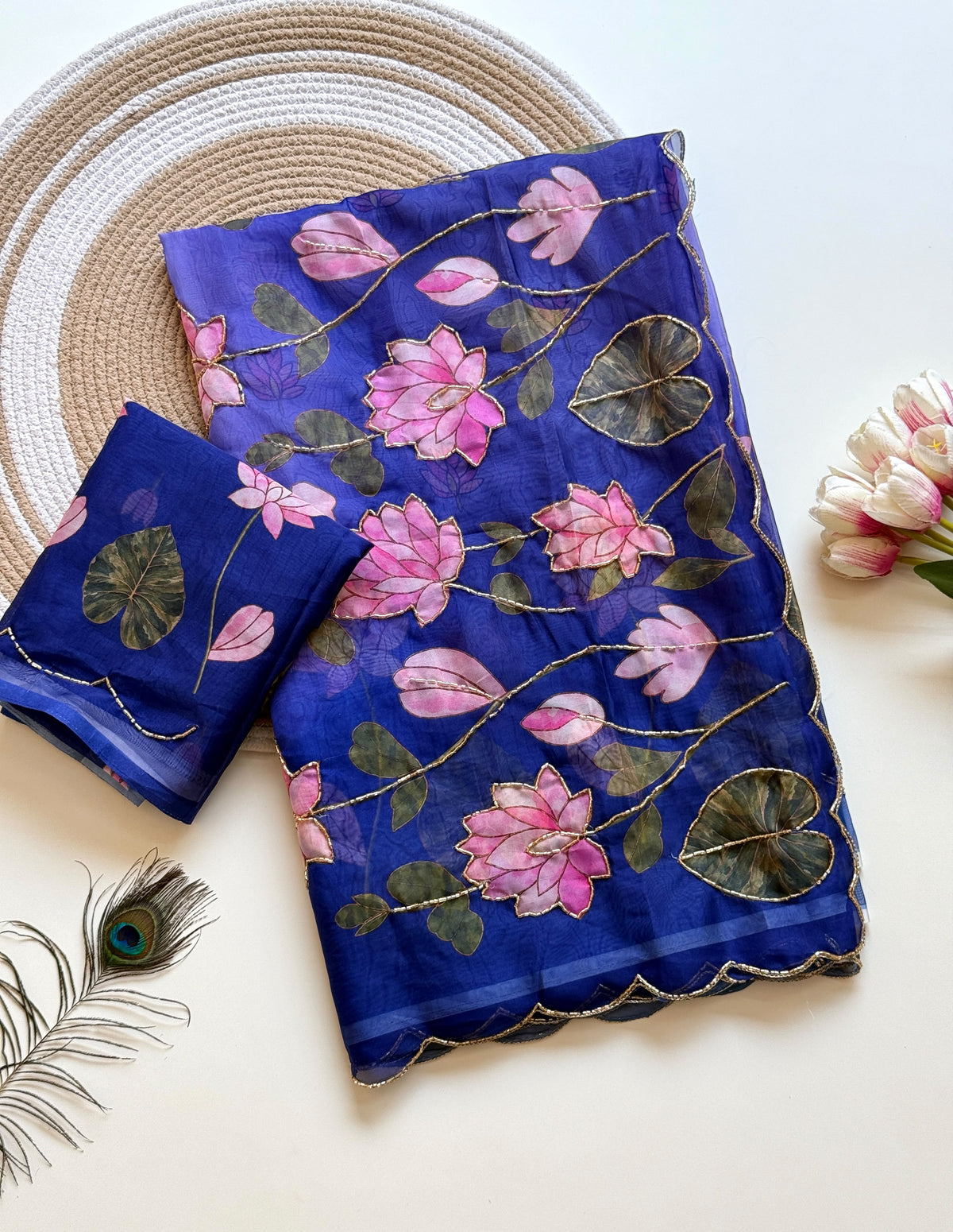 Soft Tebby Silk Fabric with Beautiful Pedding Colour with Beautiful Katdana handwork & Digital Print and Running Blouse