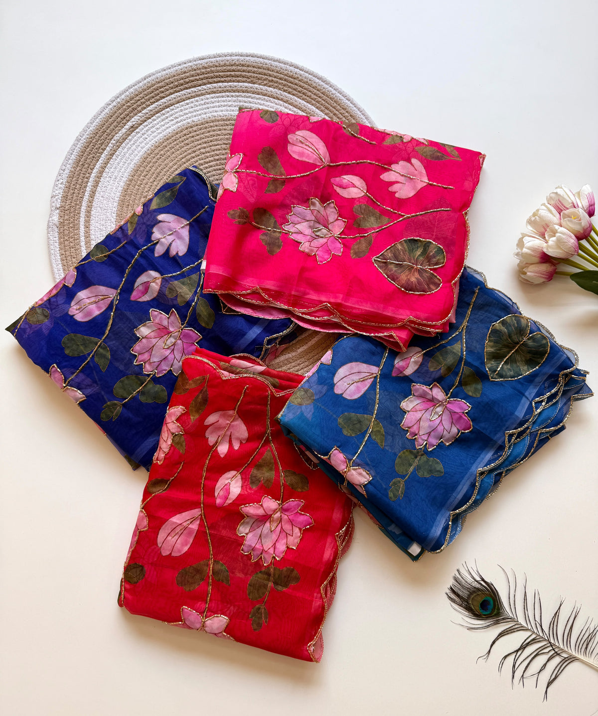 Soft Tebby Silk Fabric with Beautiful Pedding Colour with Beautiful Katdana handwork & Digital Print and Running Blouse