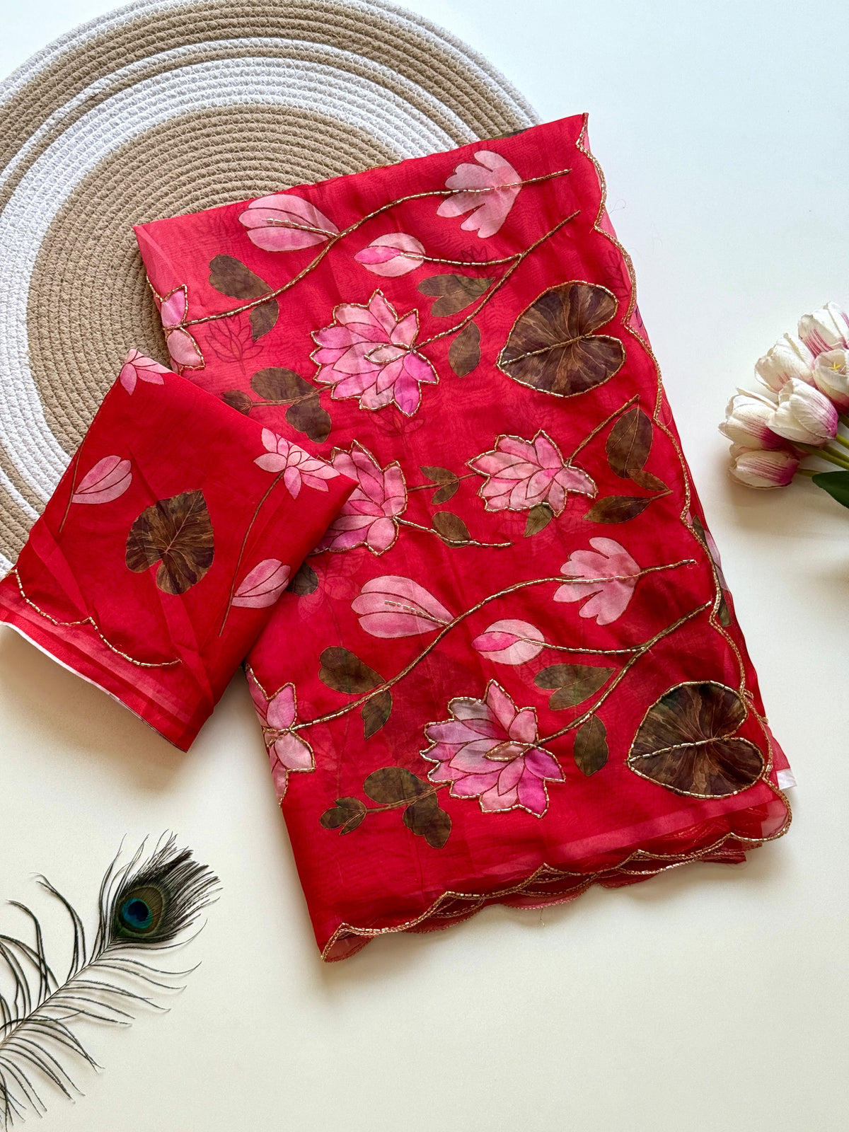 Soft Tebby Silk Fabric with Beautiful Pedding Colour with Beautiful Katdana handwork & Digital Print and Running Blouse