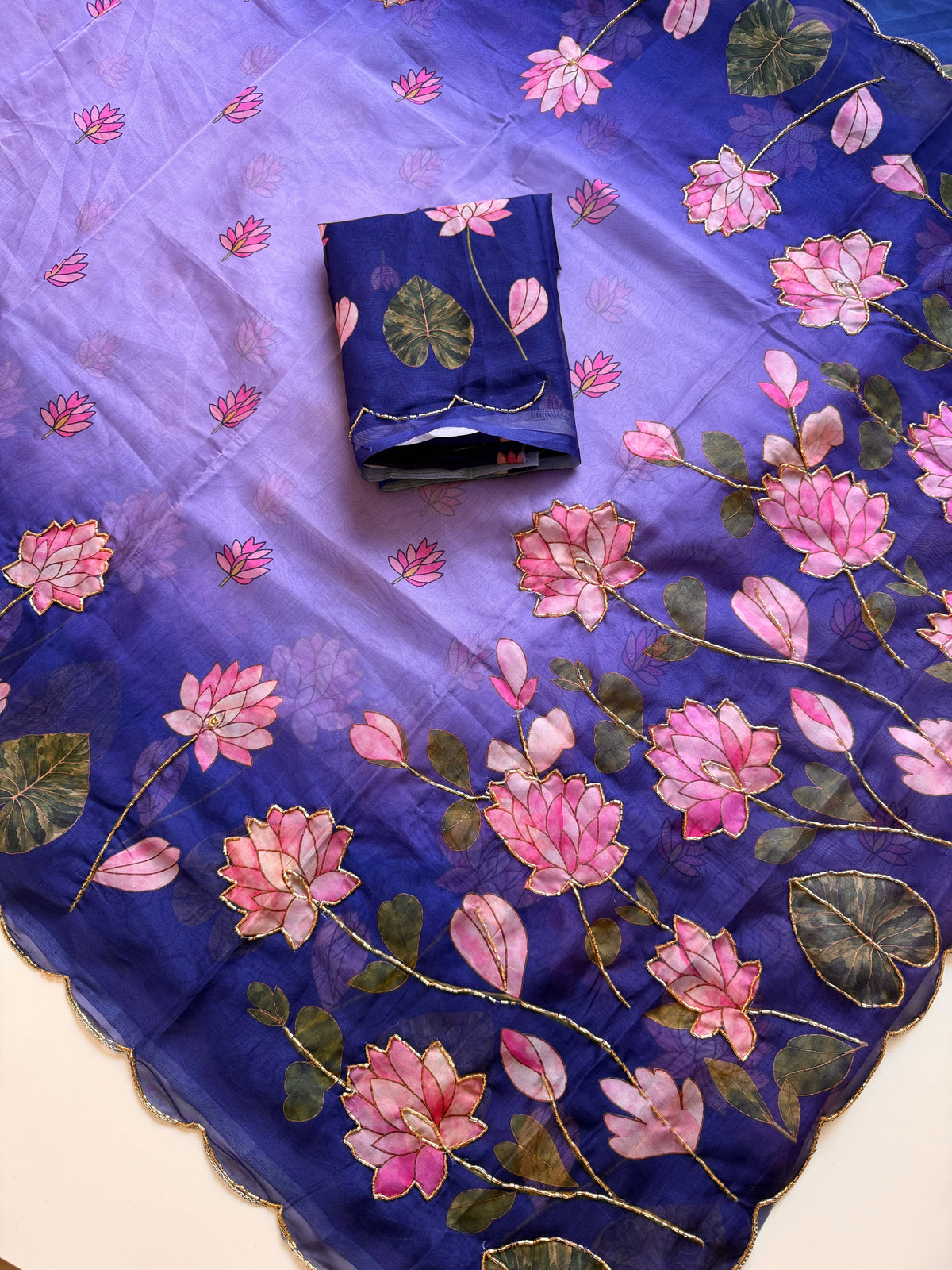Soft Tebby Silk Fabric with Beautiful Pedding Colour with Beautiful Katdana handwork & Digital Print and Running Blouse