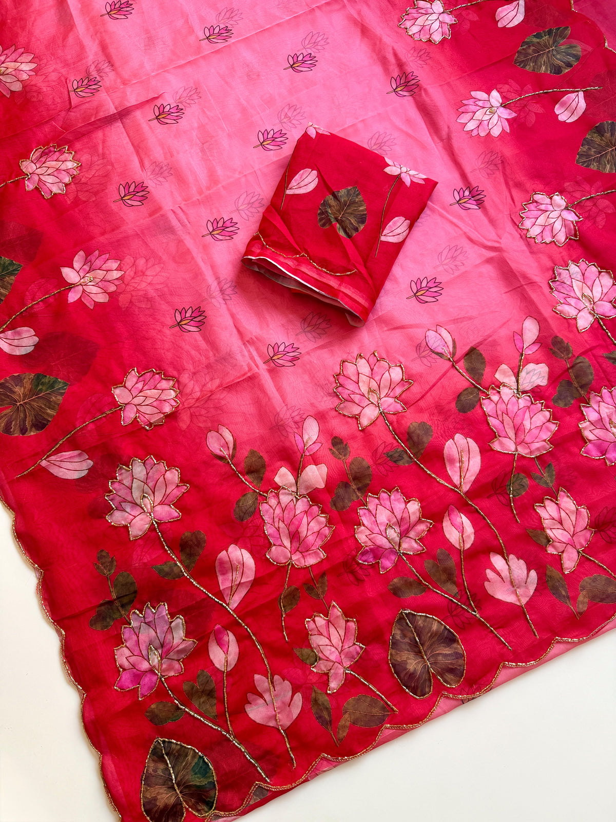 Soft Tebby Silk Fabric with Beautiful Pedding Colour with Beautiful Katdana handwork & Digital Print and Running Blouse