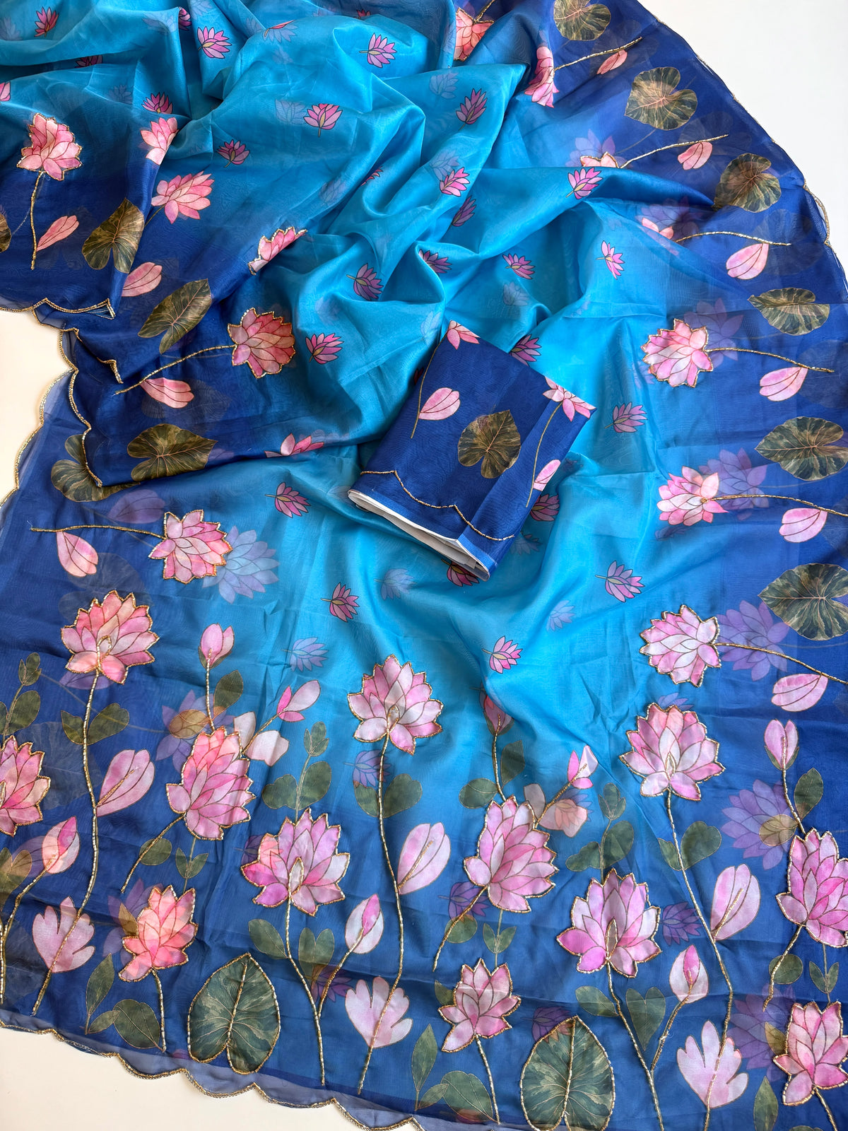 Soft Tebby Silk Fabric with Beautiful Pedding Colour with Beautiful Katdana handwork & Digital Print and Running Blouse
