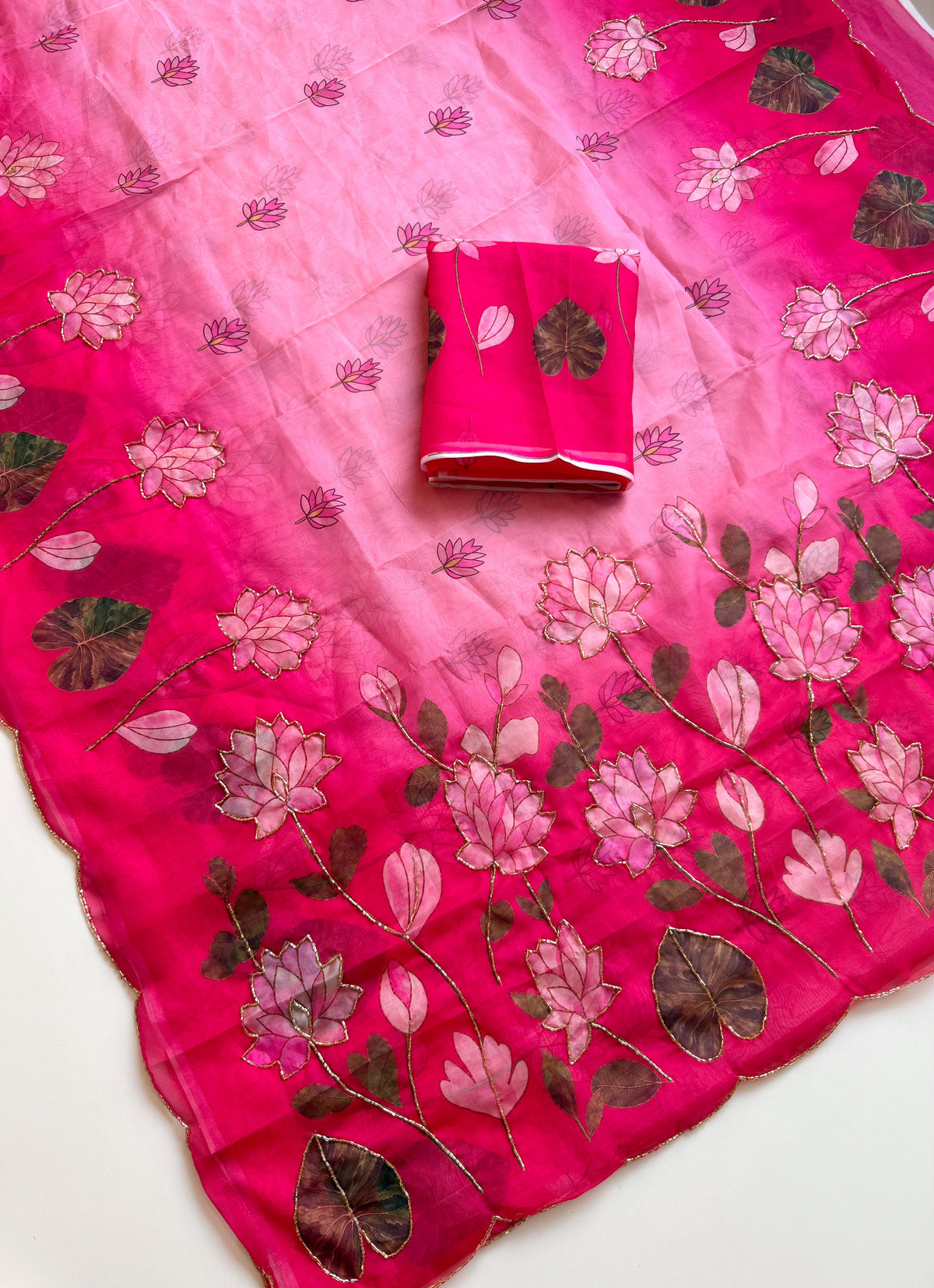 Soft Tebby Silk Fabric with Beautiful Pedding Colour with Beautiful Katdana handwork & Digital Print and Running Blouse