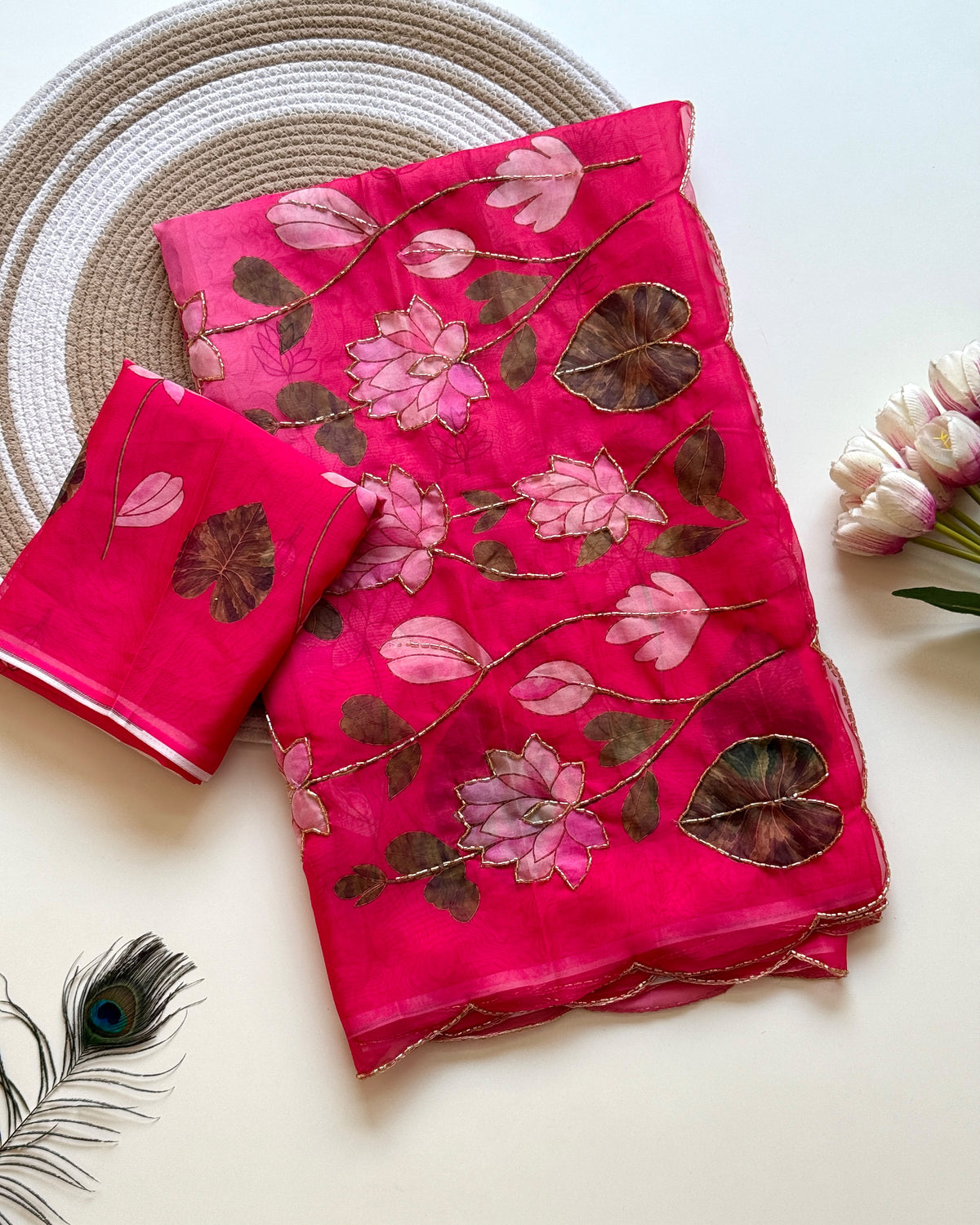 Soft Tebby Silk Fabric with Beautiful Pedding Colour with Beautiful Katdana handwork & Digital Print and Running Blouse