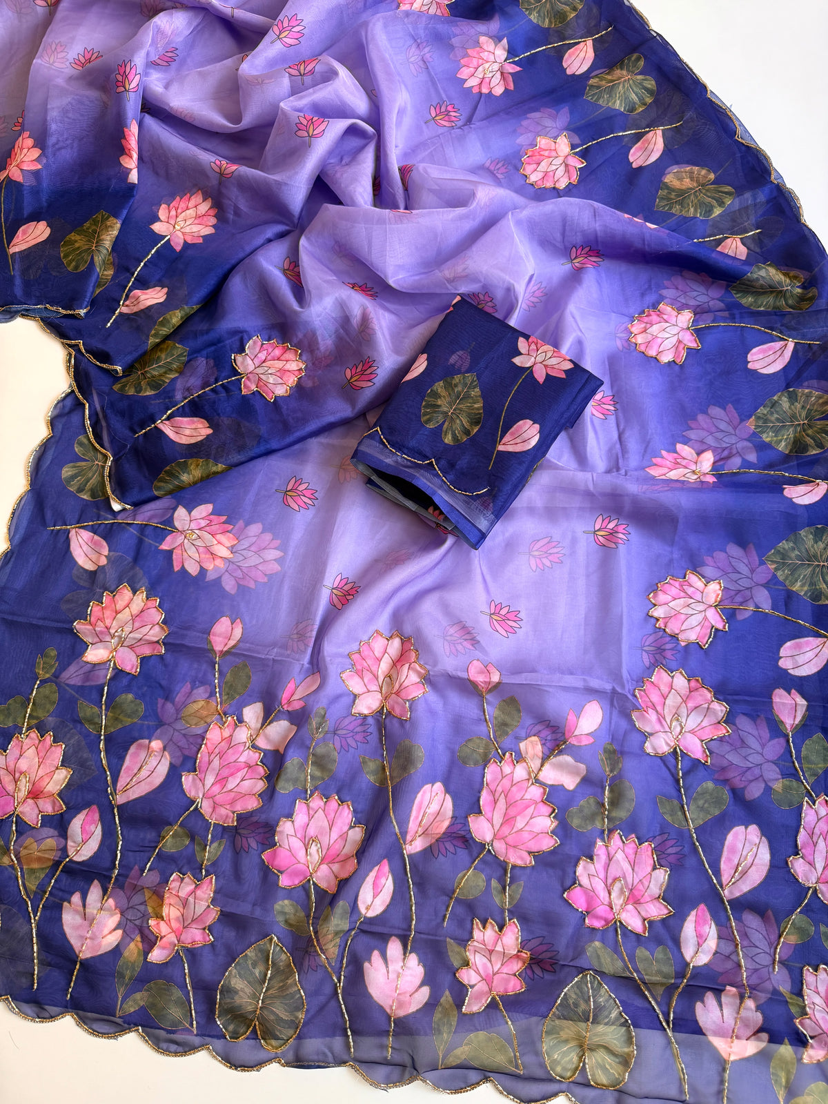 Soft Tebby Silk Fabric with Beautiful Pedding Colour with Beautiful Katdana handwork & Digital Print and Running Blouse