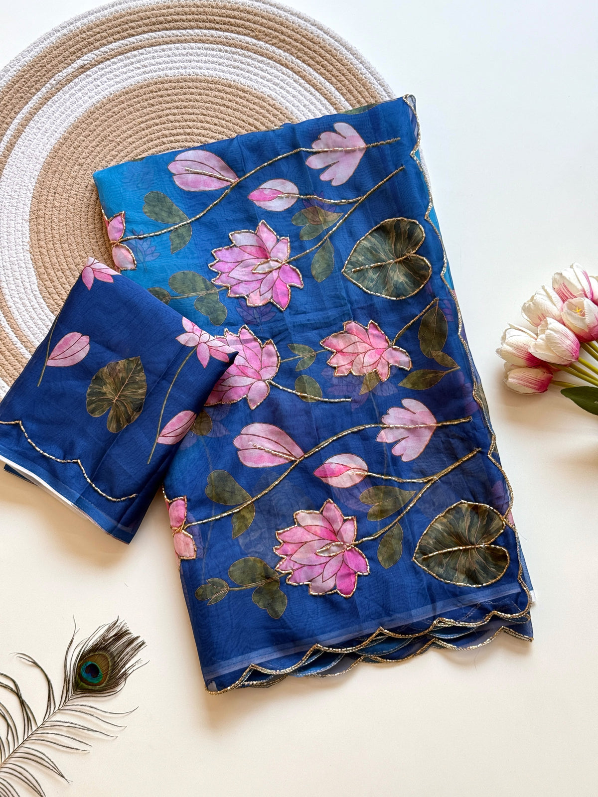 Soft Tebby Silk Fabric with Beautiful Pedding Colour with Beautiful Katdana handwork & Digital Print and Running Blouse