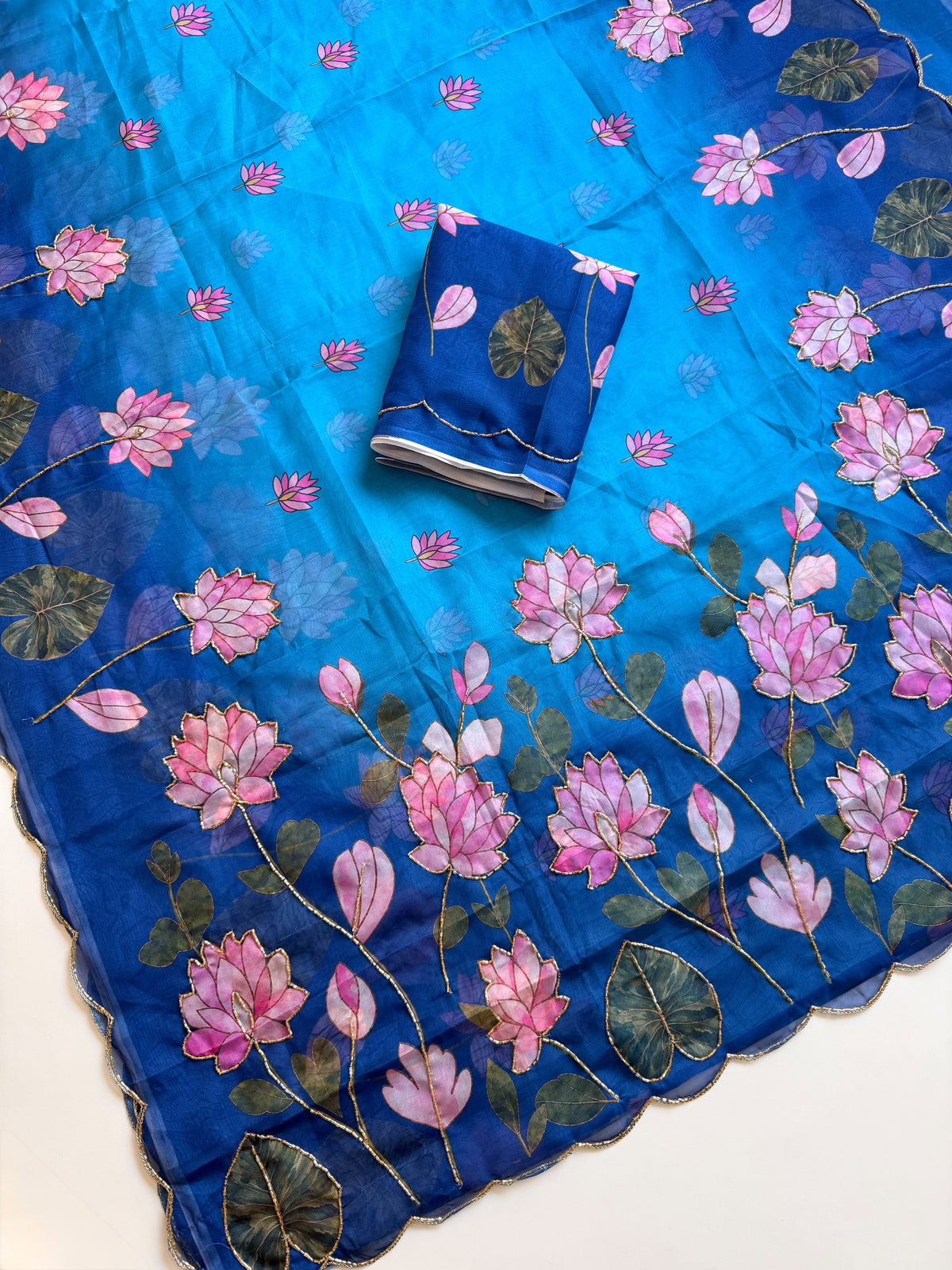 Soft Tebby Silk Fabric with Beautiful Pedding Colour with Beautiful Katdana handwork & Digital Print and Running Blouse