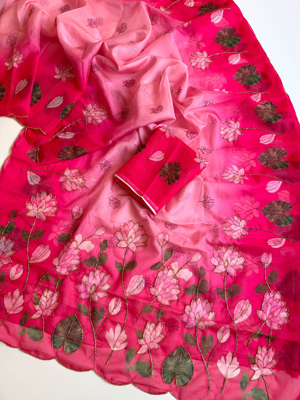 Soft Tebby Silk Fabric with Beautiful Pedding Colour with Beautiful Katdana handwork & Digital Print and Running Blouse