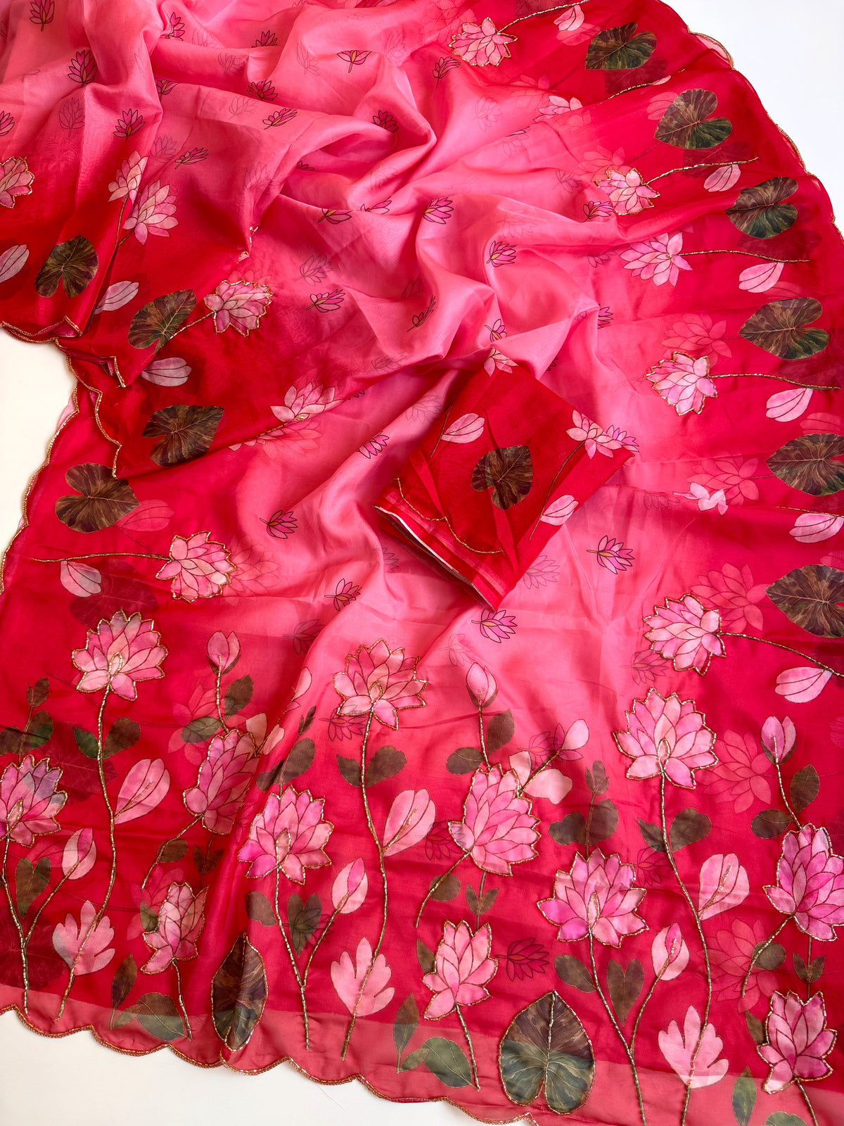 Soft Tebby Silk Fabric with Beautiful Pedding Colour with Beautiful Katdana handwork & Digital Print and Running Blouse