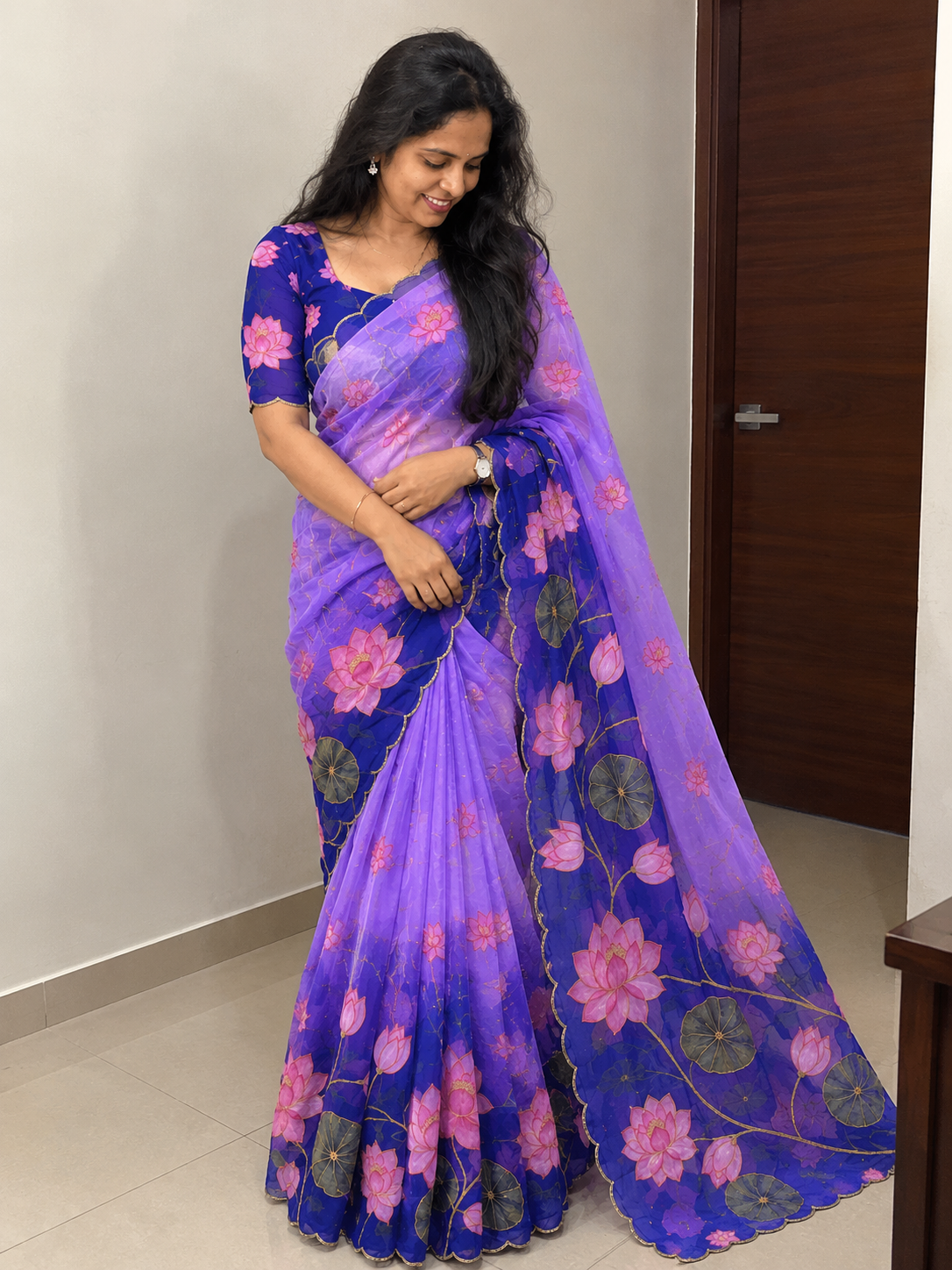 Soft Tebby Silk Fabric with Beautiful Pedding Colour with Beautiful Katdana handwork & Digital Print and Running Blouse