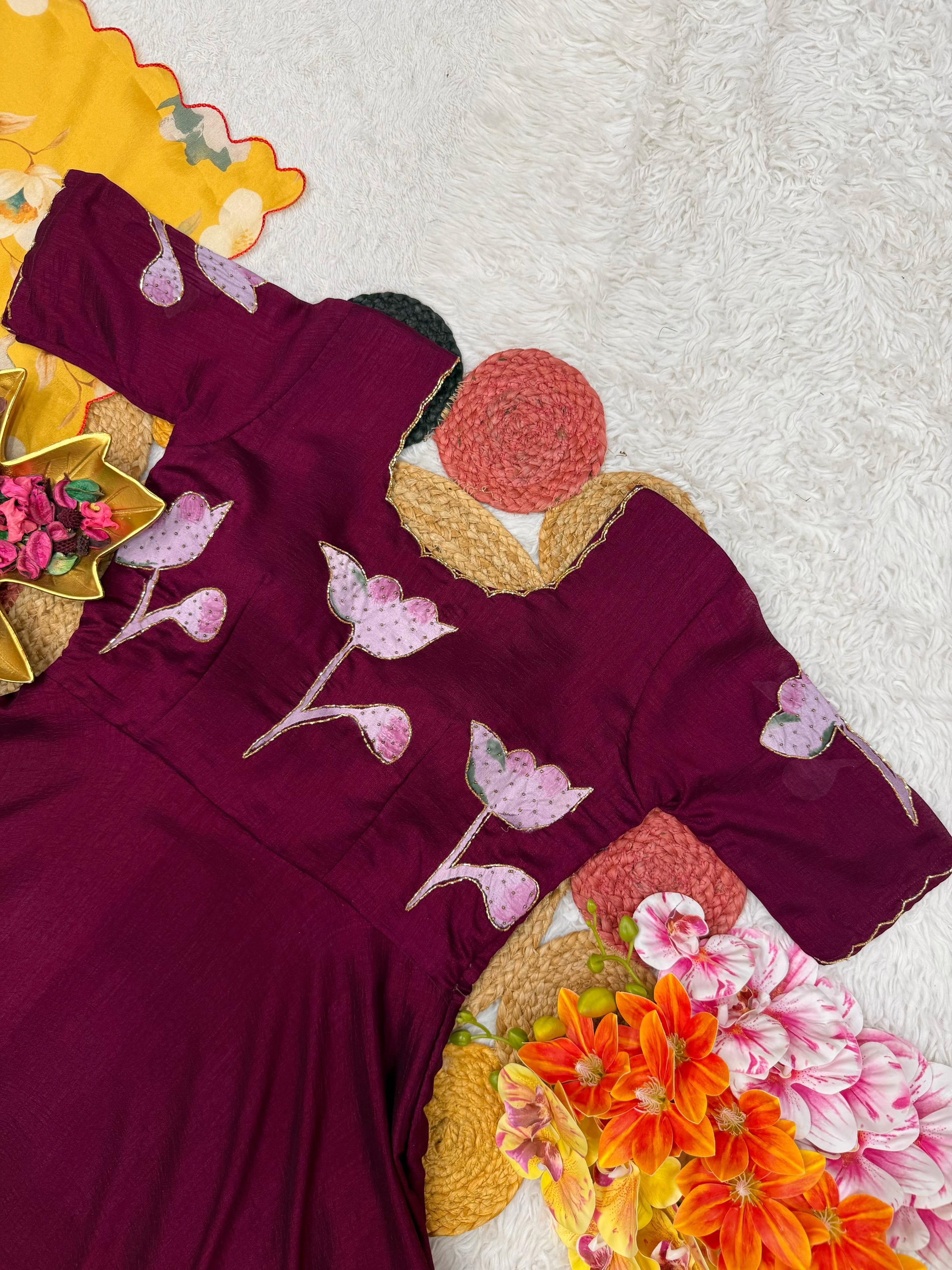 Beautiful Vichitra Hand painted Maggam Work Gown with Dupatta