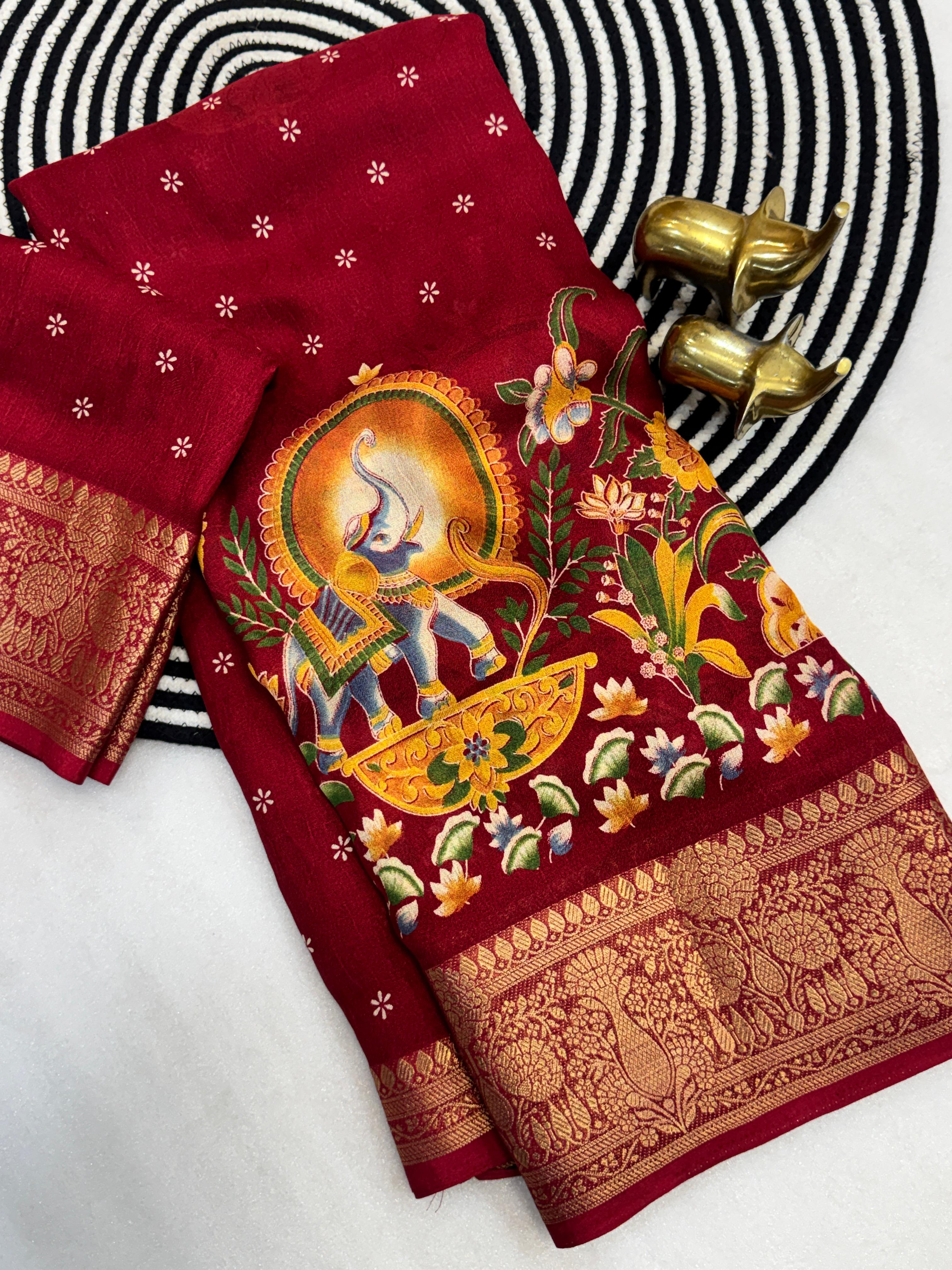 MASSMELLO SELF JEQURED SAREE HEAVY JEQ BORDER KALMKARI PRINT SAREE 