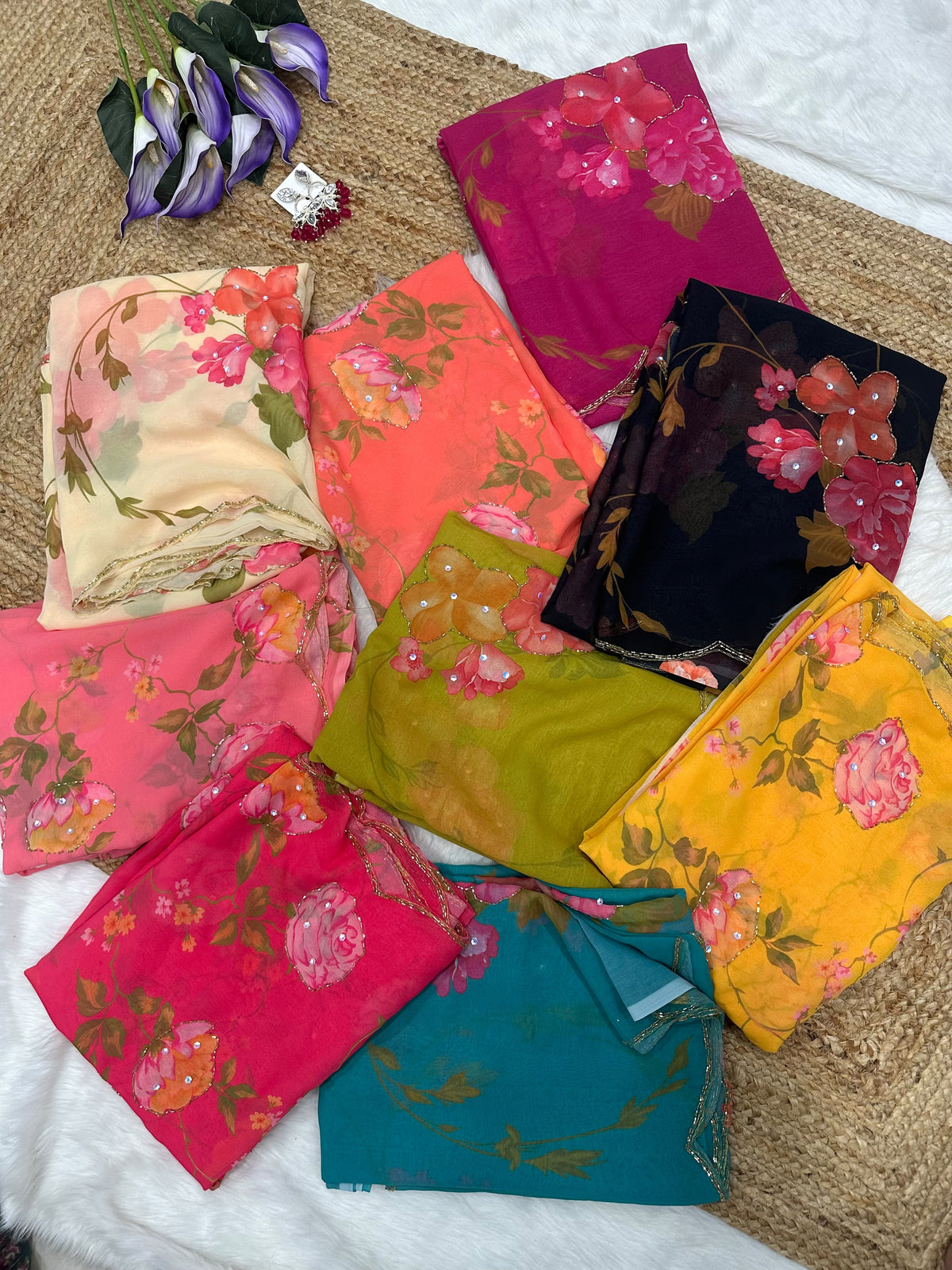 Soft Georgette Sarees with Digital Print & Designer Valmoti Handwork