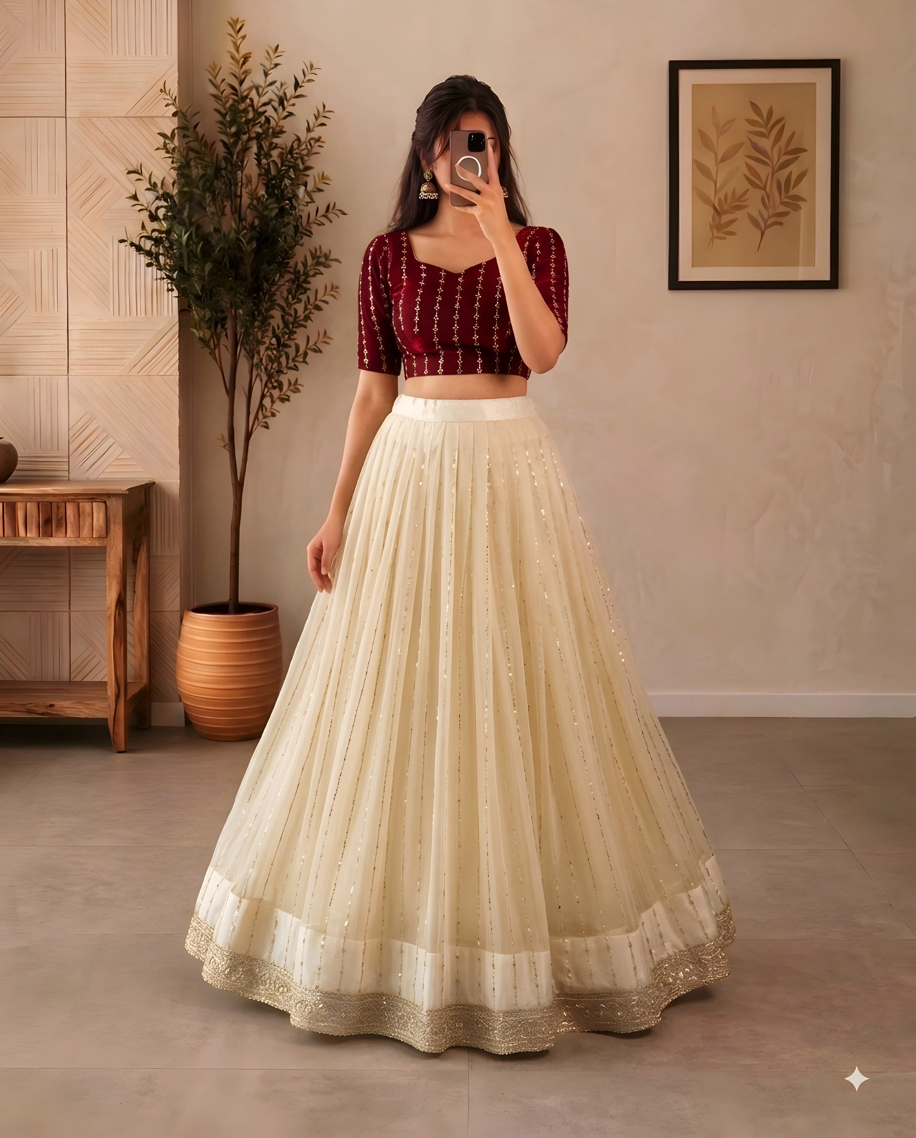 Premium Crop top adorned with intricate bead work with Fully flared premium shining net skirt embellished with all-over sequins work