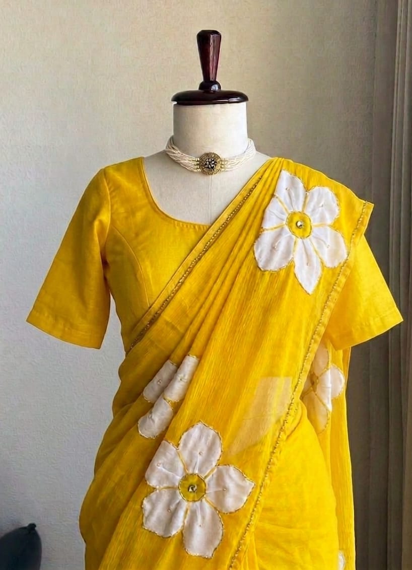 Premium Star Georgette Fabric With Beautiful Big Floral Digital Print And Cutdana Handwork
