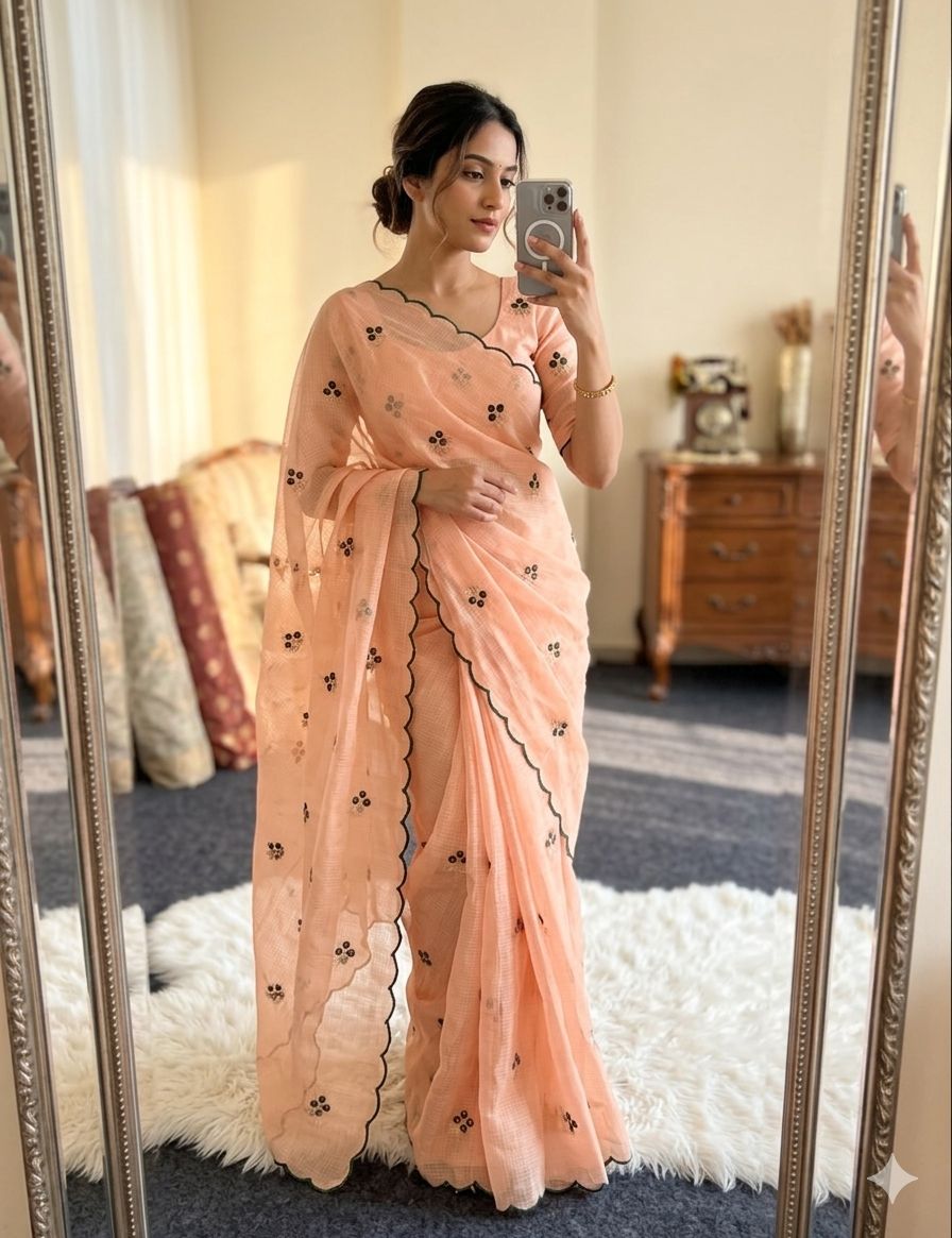 Soft Doria Checks Saree with Beautiful Embroidery all over Saree and Running Blouse with Work