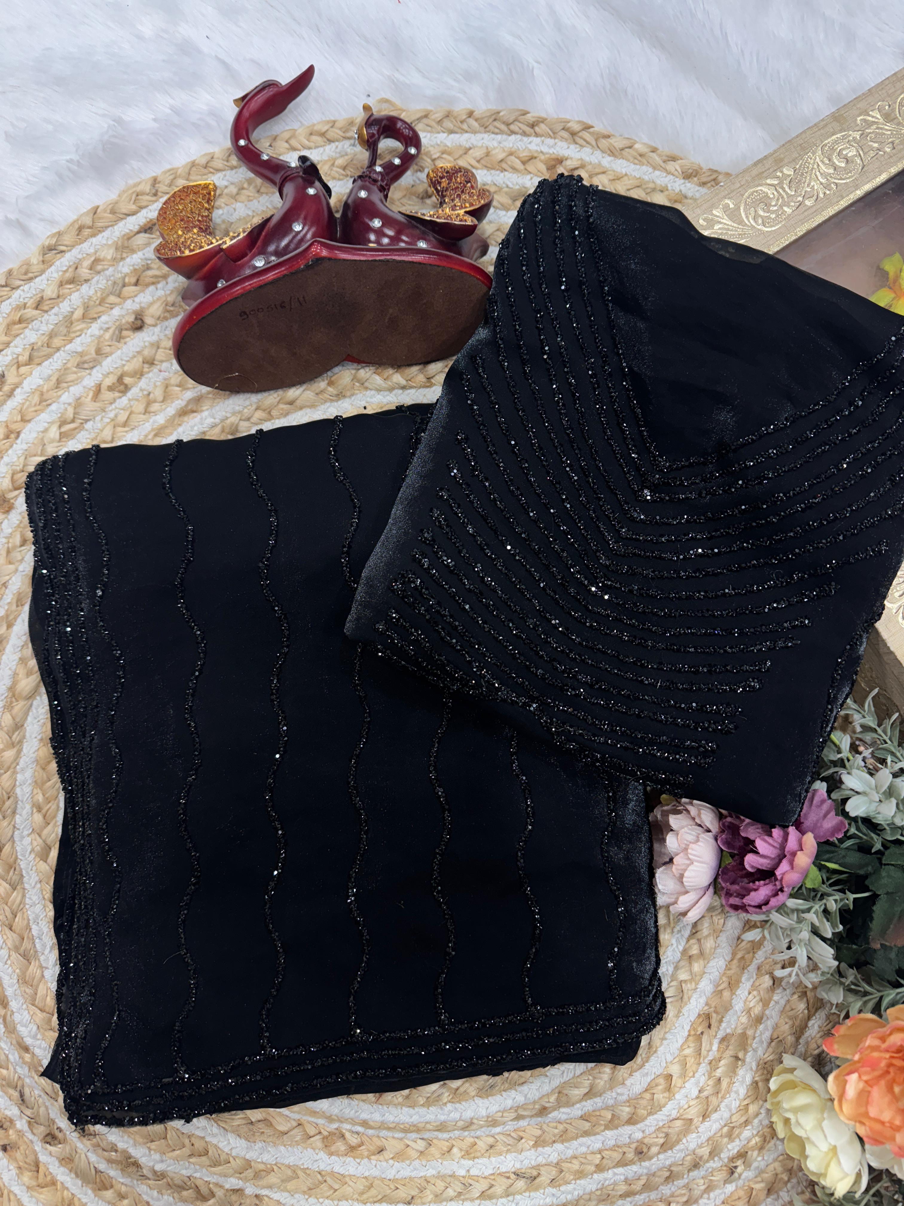 Bold & Beautiful Partywear Black Space Silk Saree with Diamond Work