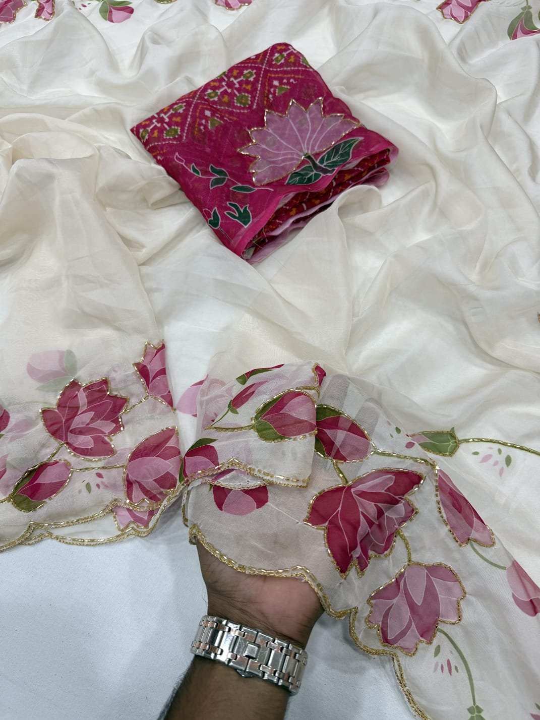 Soft Tebby Silk with Digital Floral Design with Beautiful Katdana Handwork
