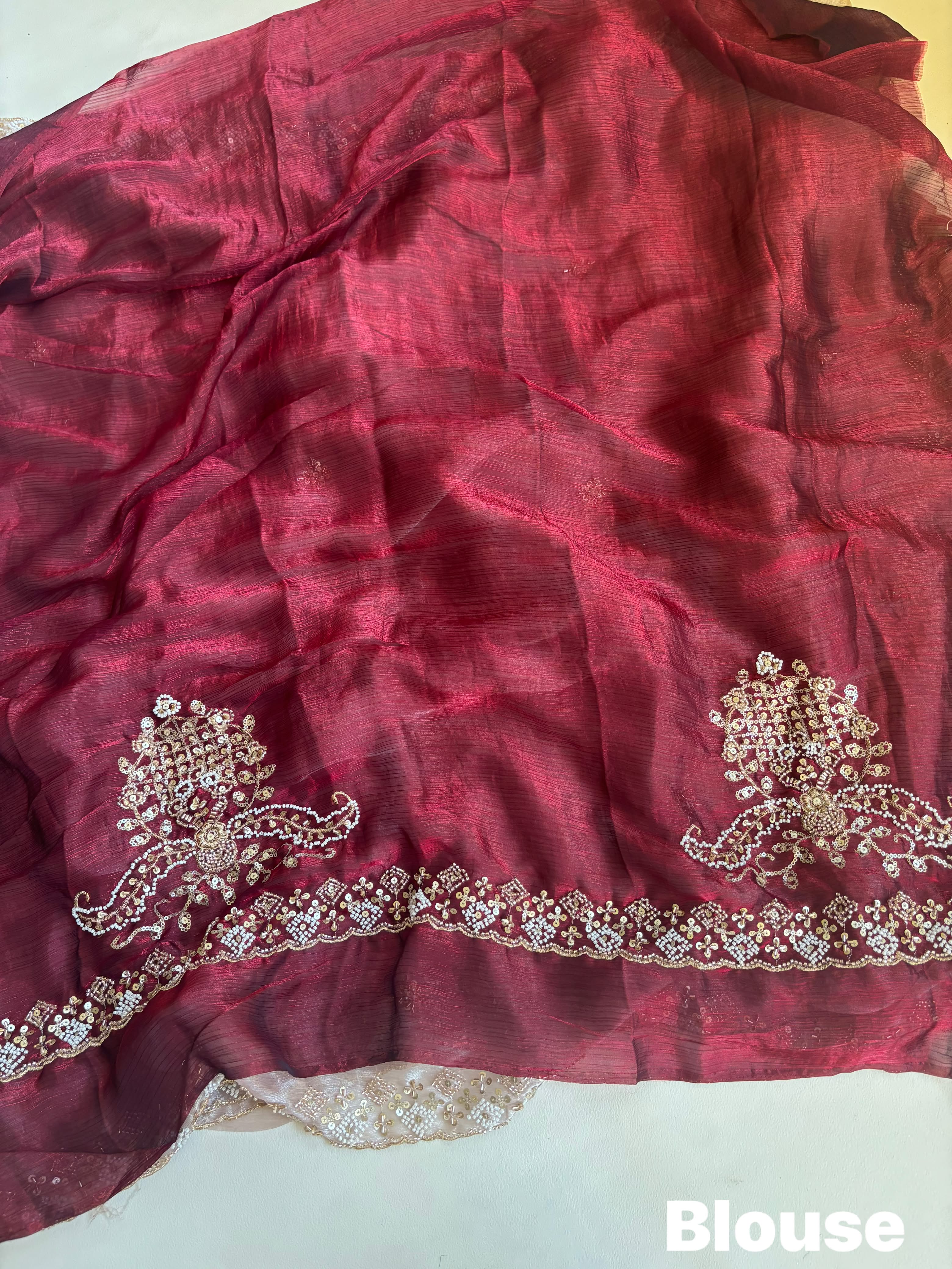 Elegant Fendy Satin Saree with beautiful sequence beats work Paired with unstitched 0.90 meter blouse piece