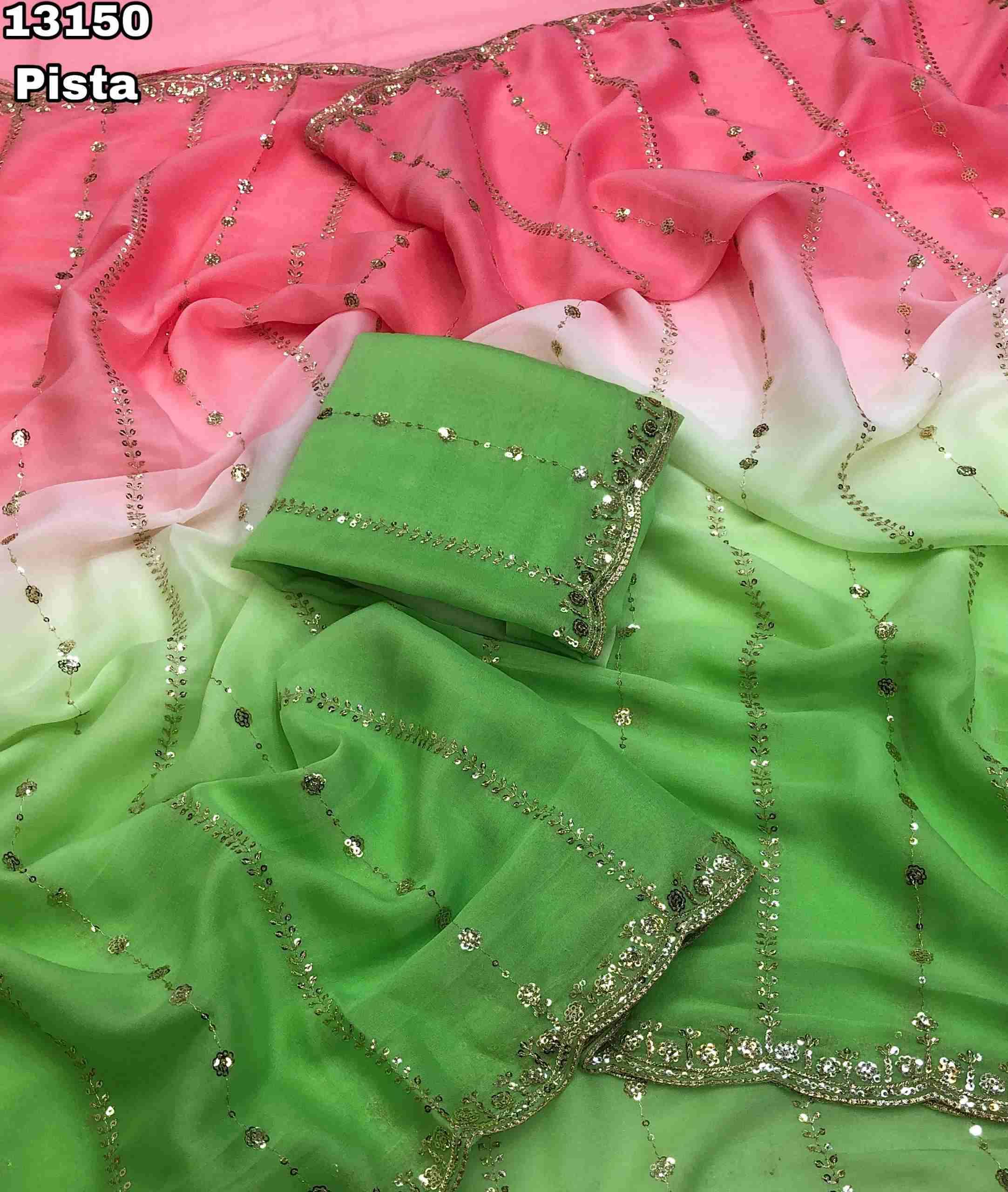 Star Georgette Pedding Sarees With Embroidery & Sequence Work With Scalloped Cutwork Border