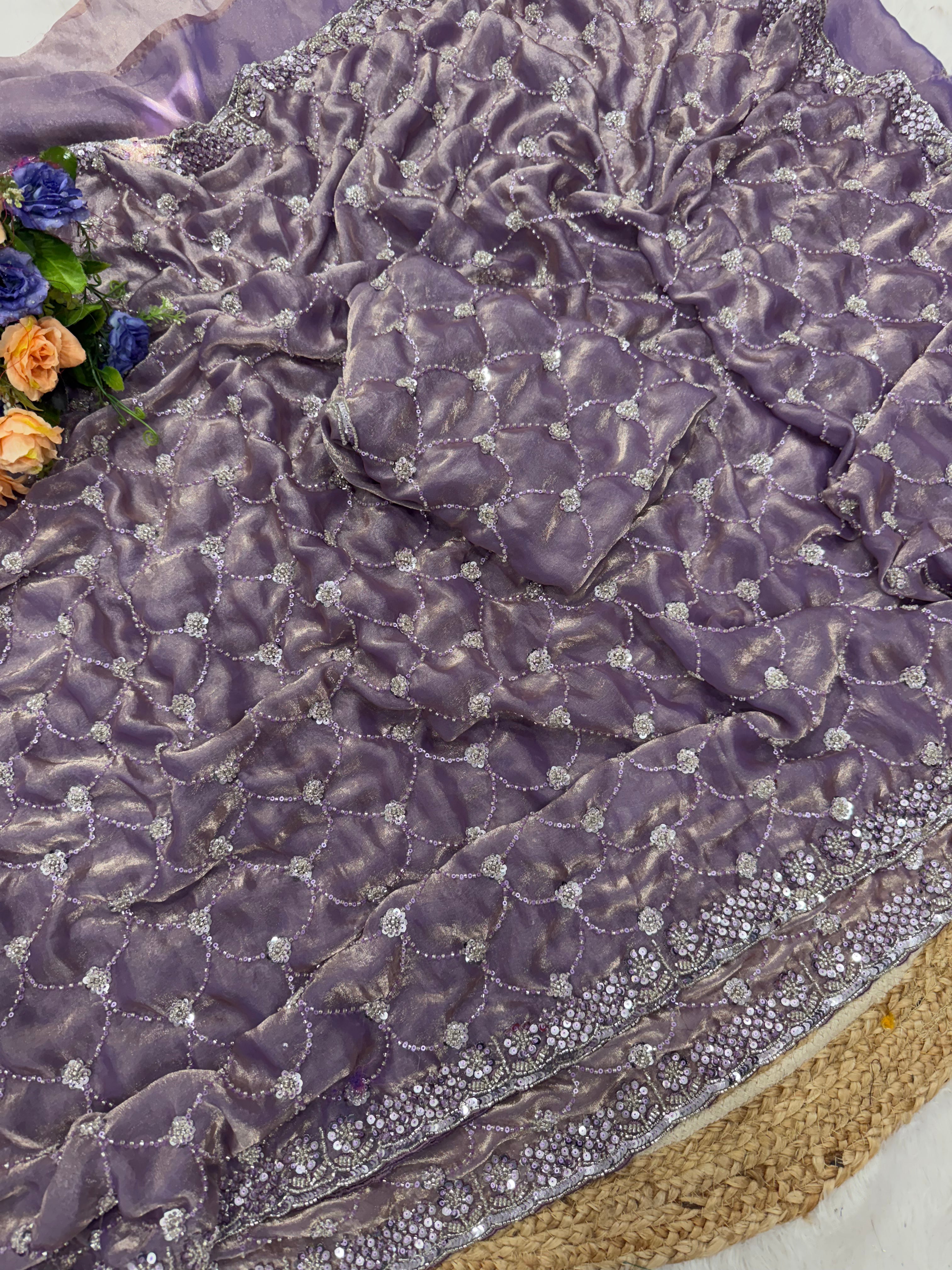 Premium Soft Space Sattin Dual Shad Saree Beeds Tone To Tone Work Saree With Running Blouse