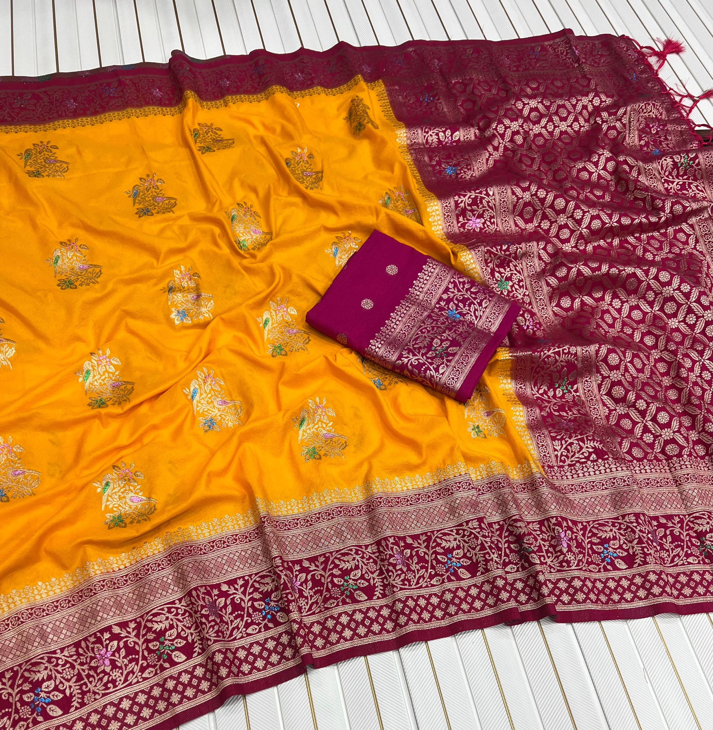 Pure Khadi Crep Georgette antique colour jari Meena Jaqurad Weveing Rich pallu saree with running blouse