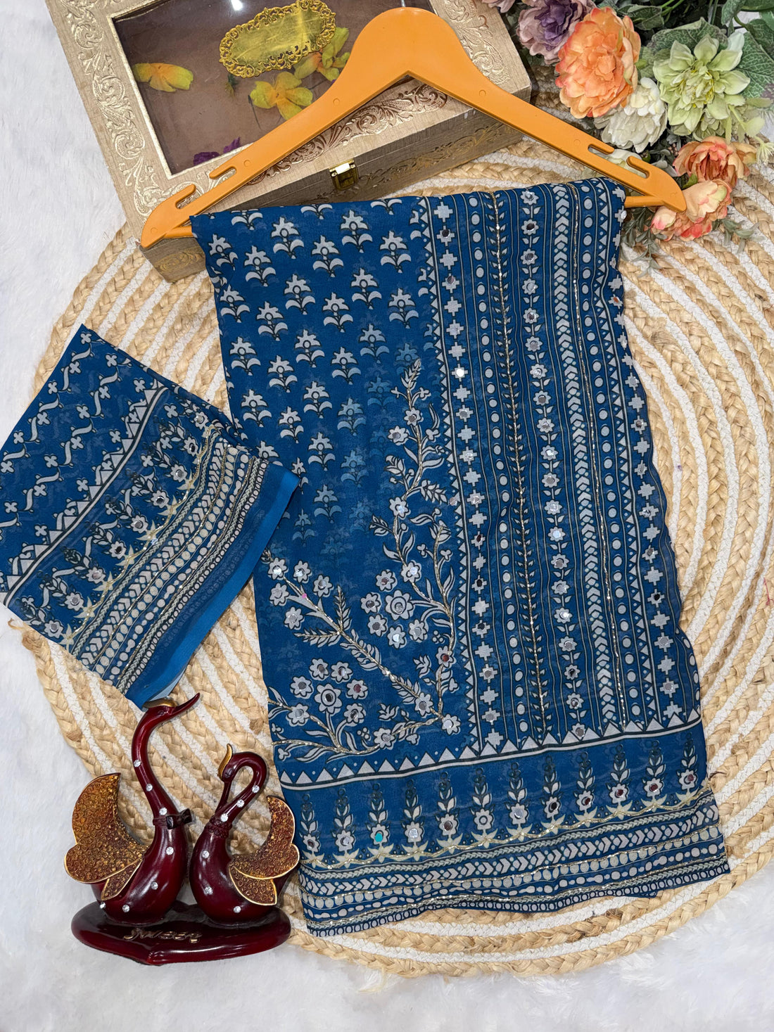 Ajrakh Designer Soft Fox Georgette Sarees with Cutdana and Mirror Work
