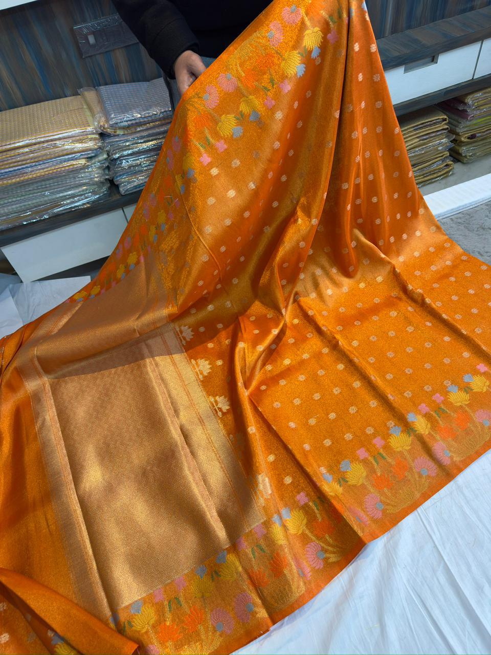 Banarasi Tissue Saree with Meenakari Flower Border