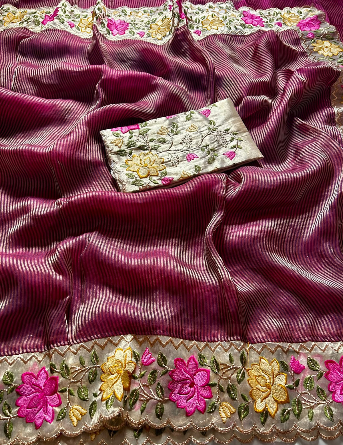 Pure Tissue Organza Silk Stripe Sarees designd with embroidery work blouse