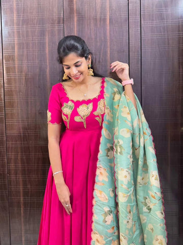 Premium Hand Painted Maggam Work Gown with Dupatta