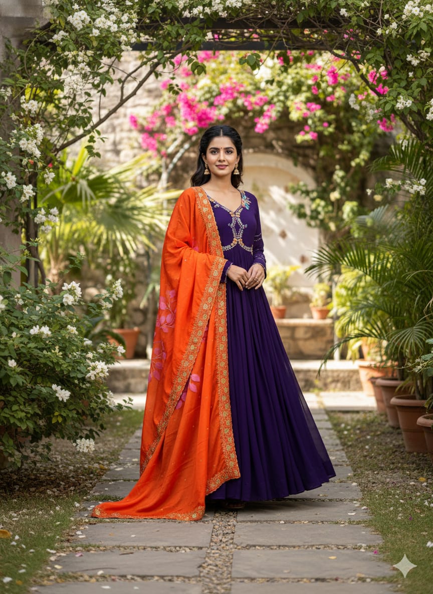 Purple Maggam Work Anarkali Dress with Duppata