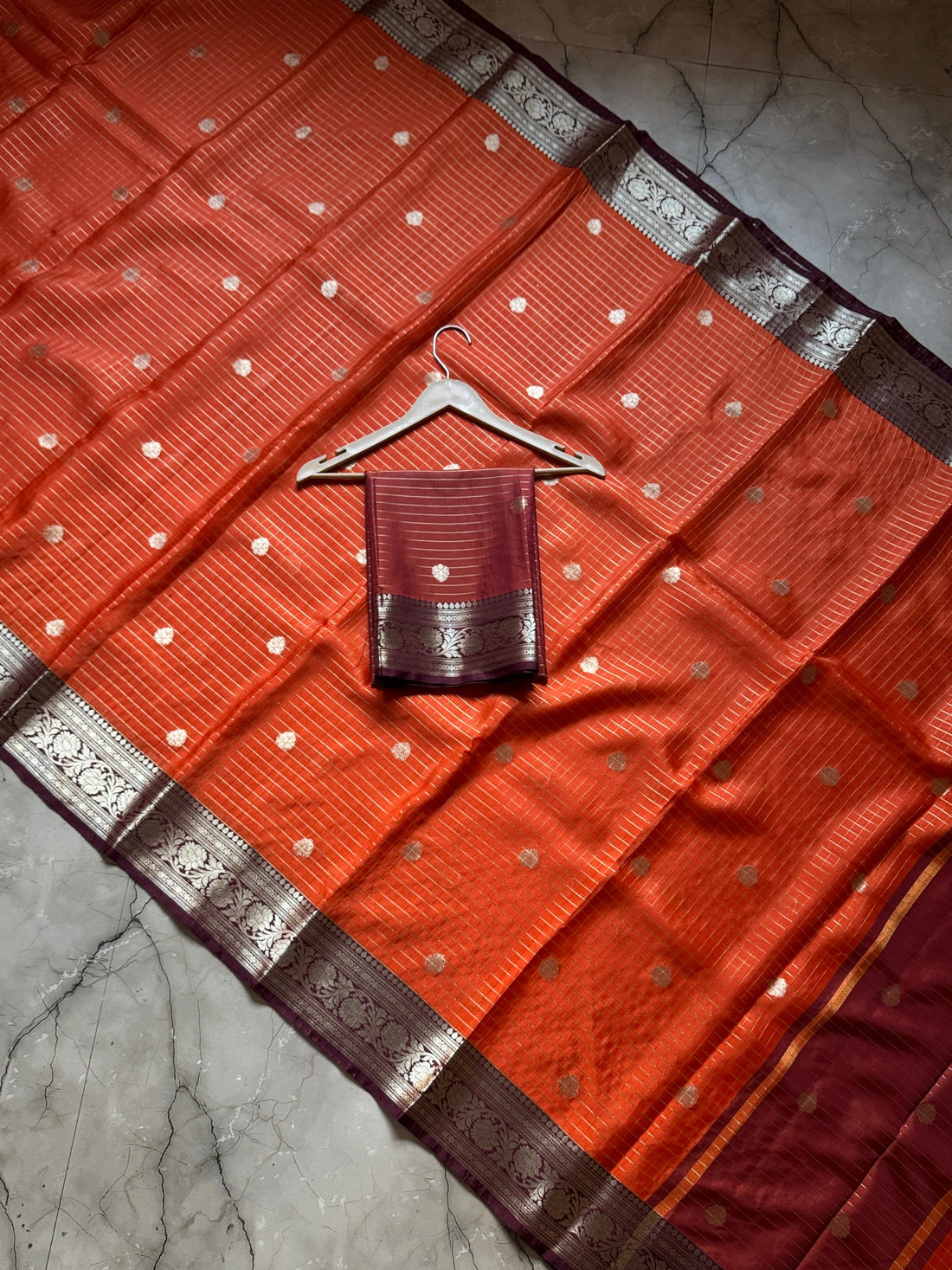 Banarasi Semi Katan Soft Zari with Checks Buti Silk Saree. Rust Orange & Brown