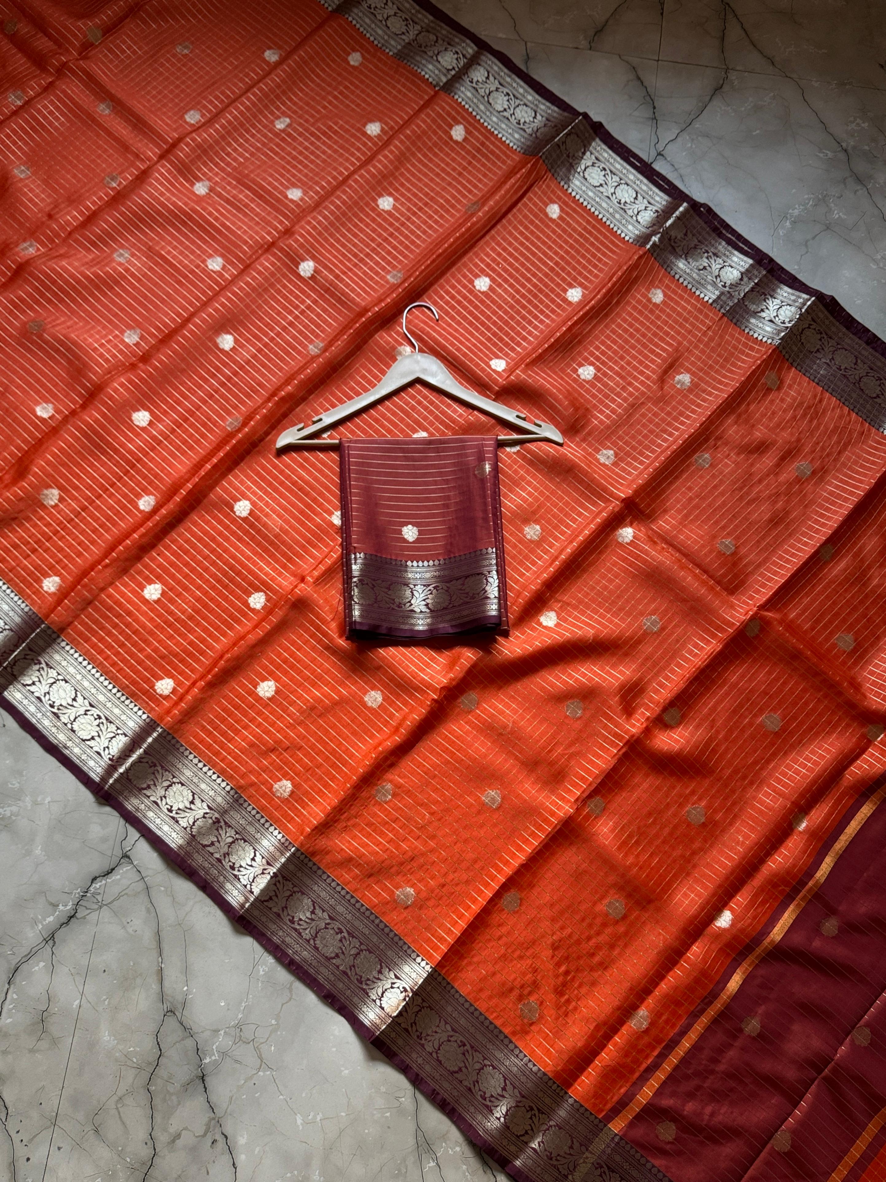 Banarasi Semi Katan Soft Zari with Checks Buti Silk Saree. Rust Orange & Brown