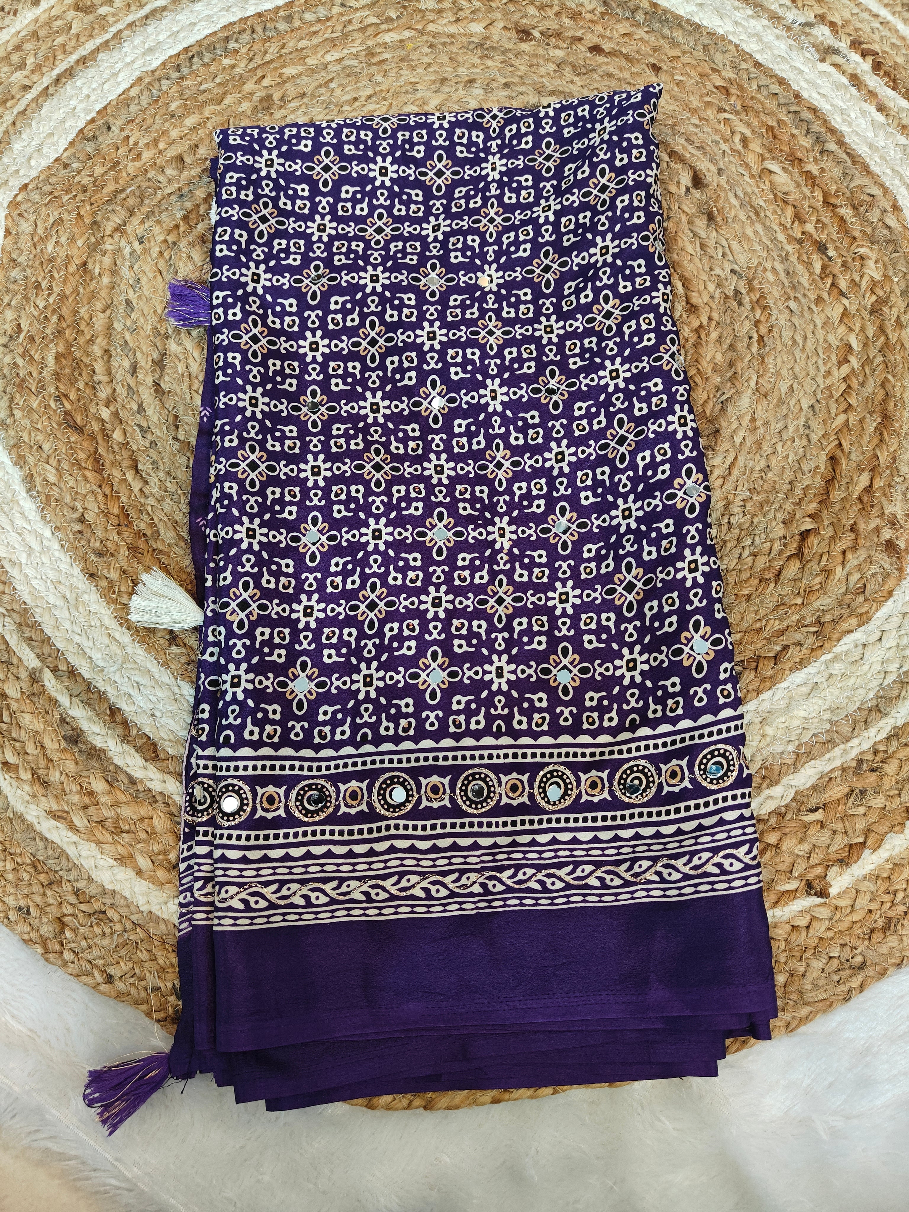 Premium Ajrakh Sarees with Mirror Work