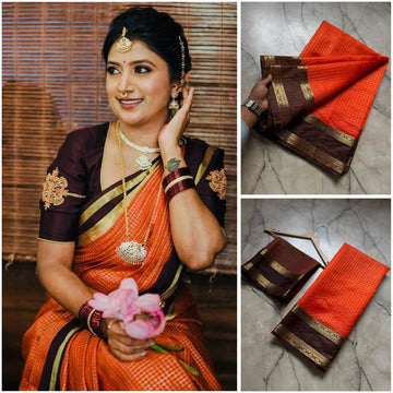 Vintage Banarasi Saree with Checks, Orange and Brown Border
