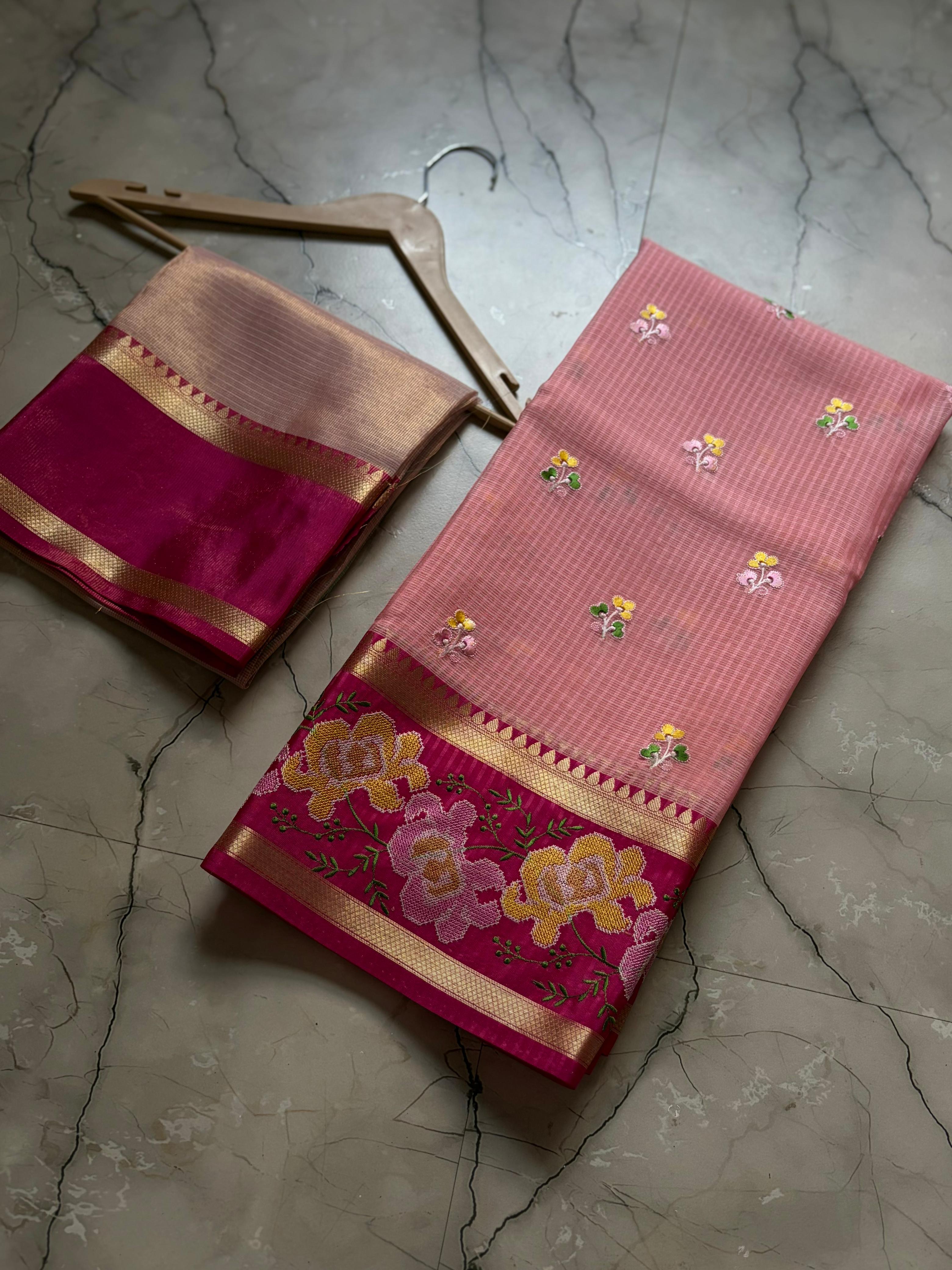 Banarasi Embroidery Pink Border Designer Kota Checks Sarees
