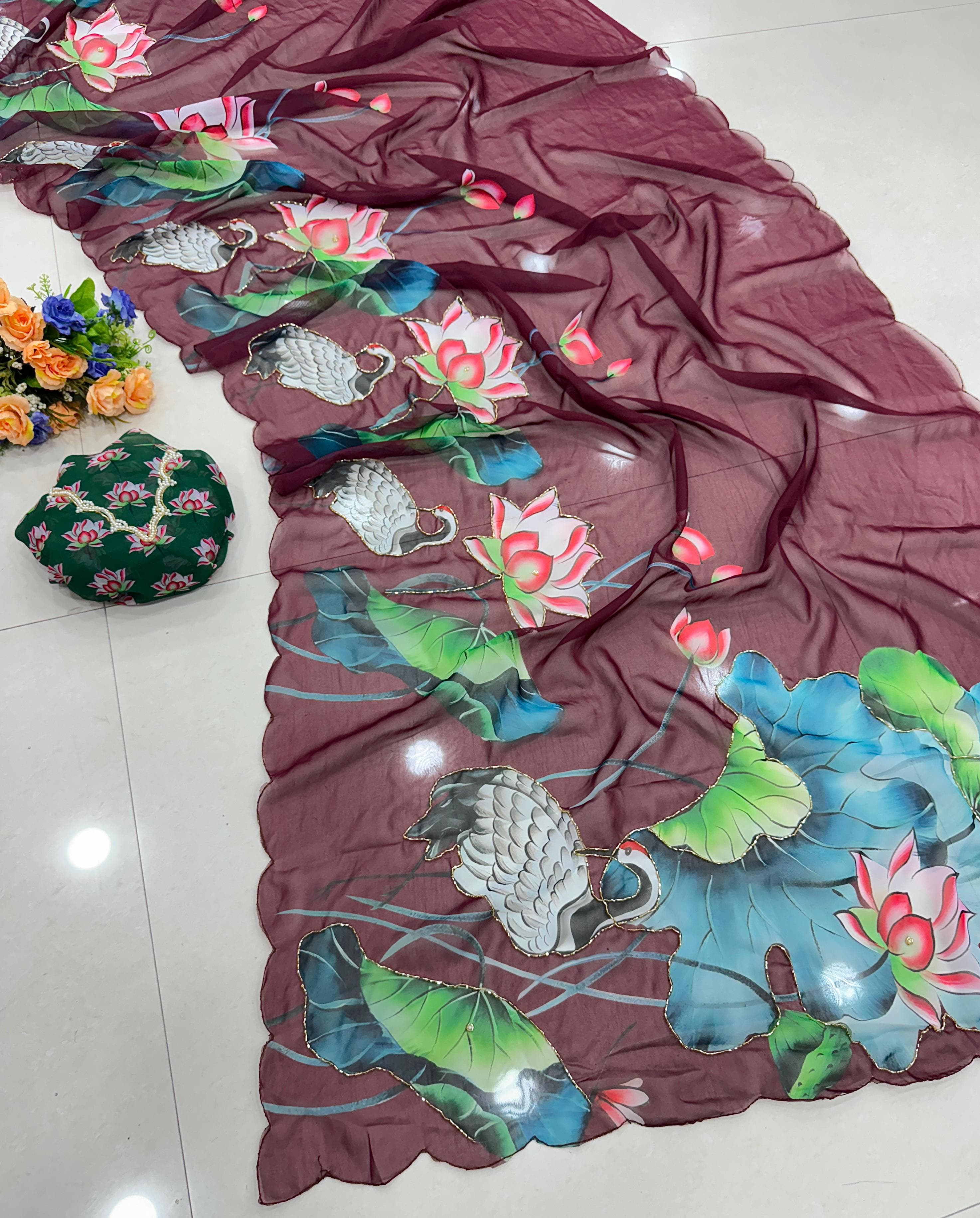 Chiffon floral saree with cutdana work