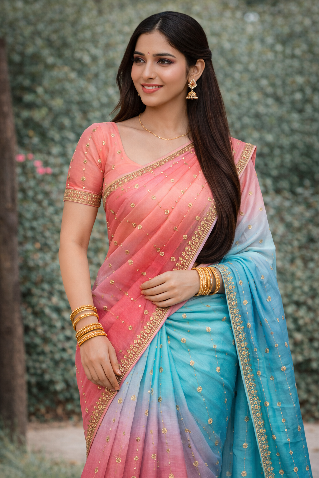 Chiffon Shaded Embroidery Work Saree