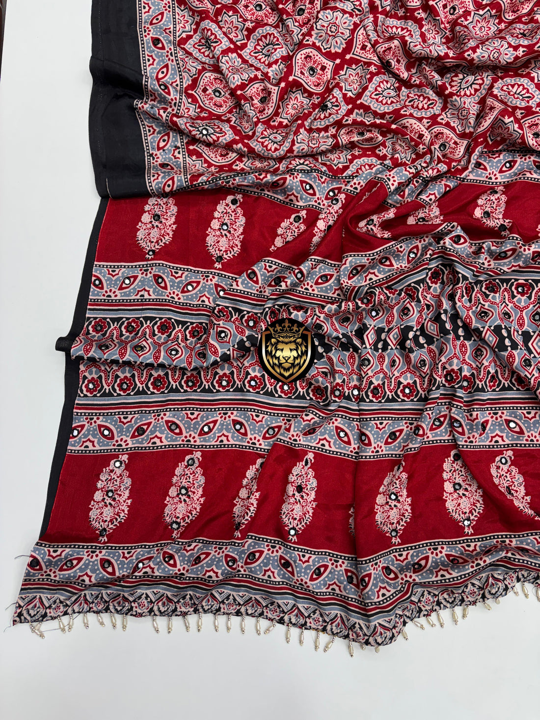 Beautiful Ajrakh Saree with Real mirror work