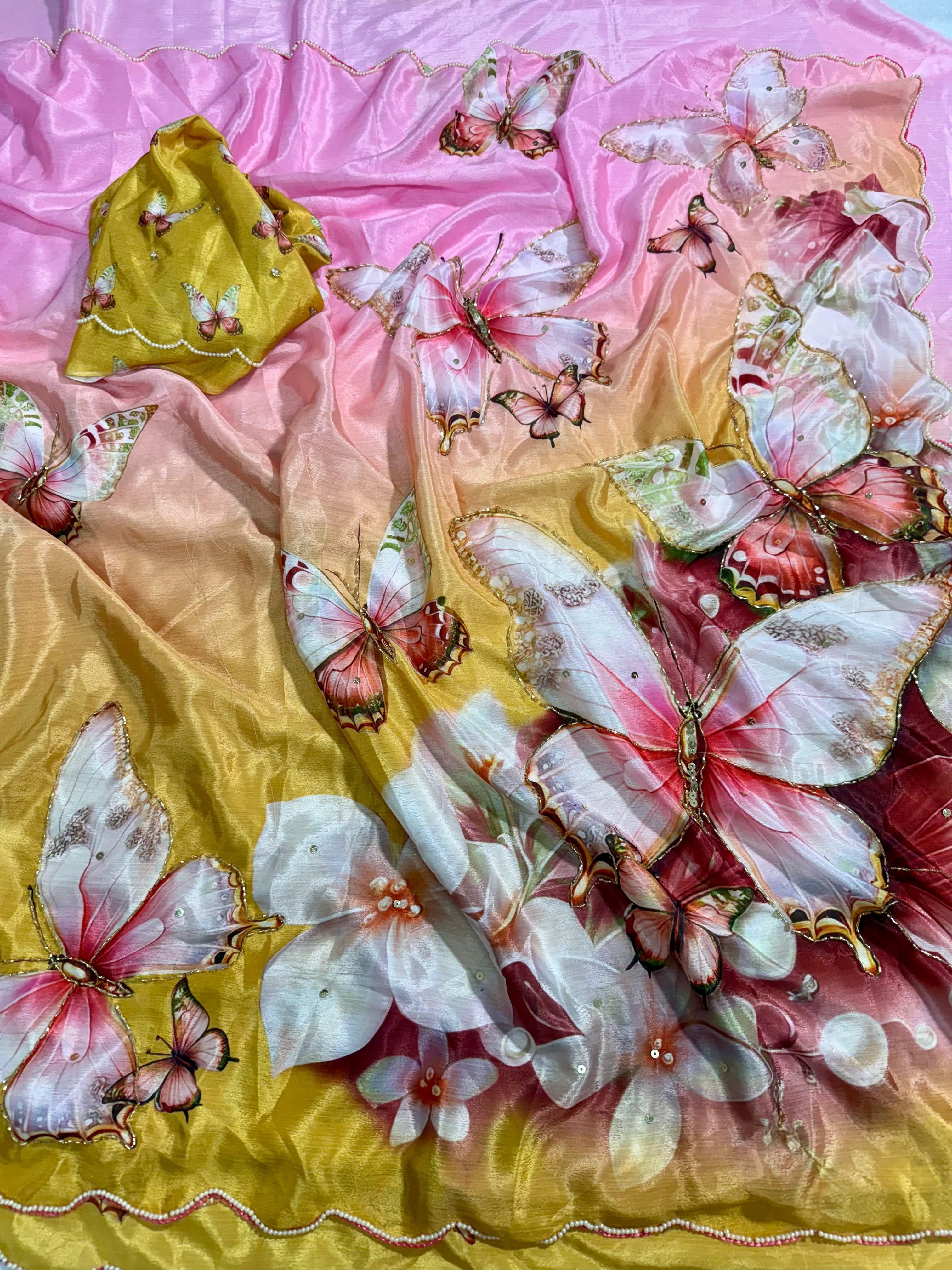 Pure Malai Silk Saree with Beautiful Digital Prints Butterfly & Flower with Hand Cutdana Work