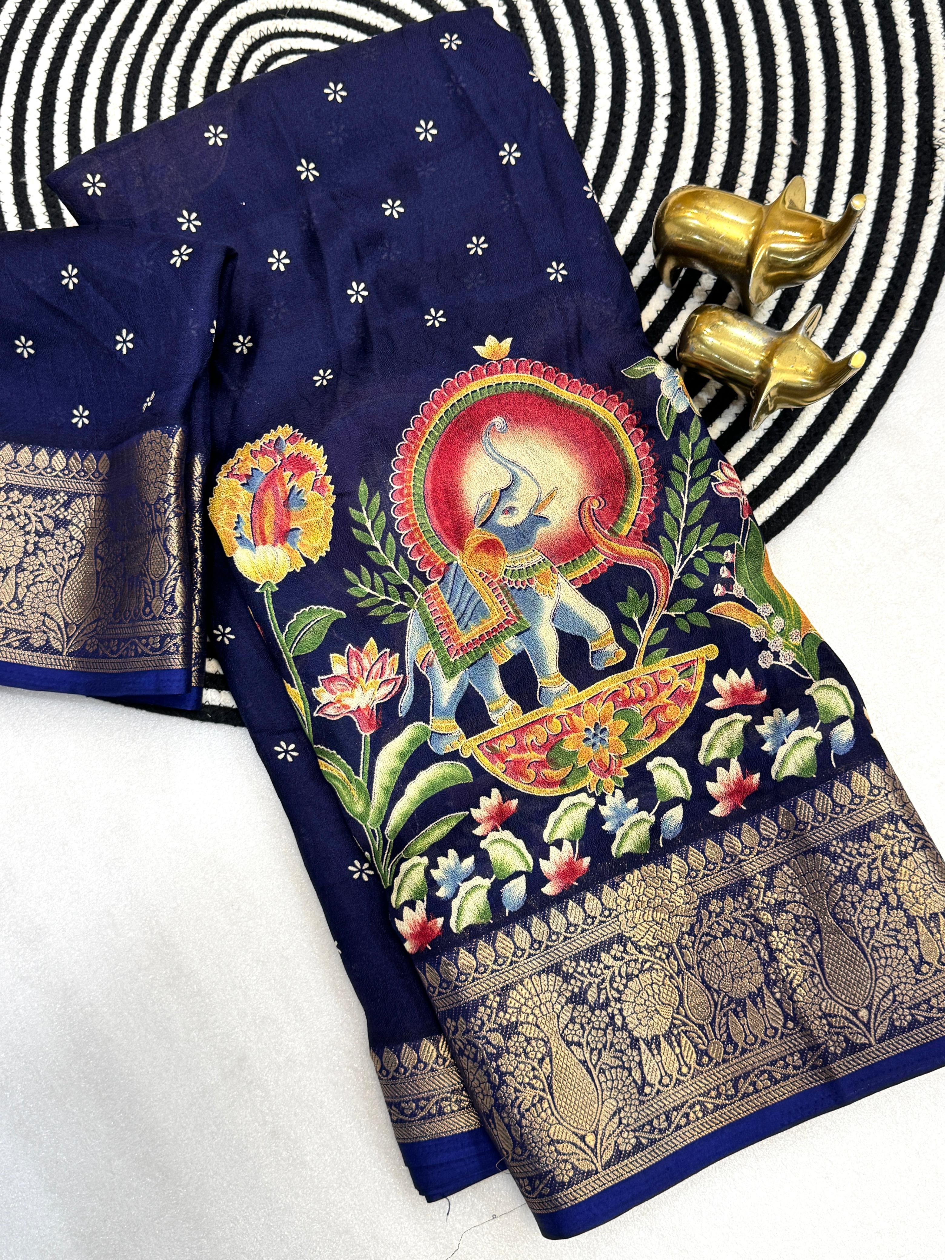 MASSMELLO SELF JEQURED SAREE HEAVY JEQ BORDER KALMKARI PRINT SAREE 
