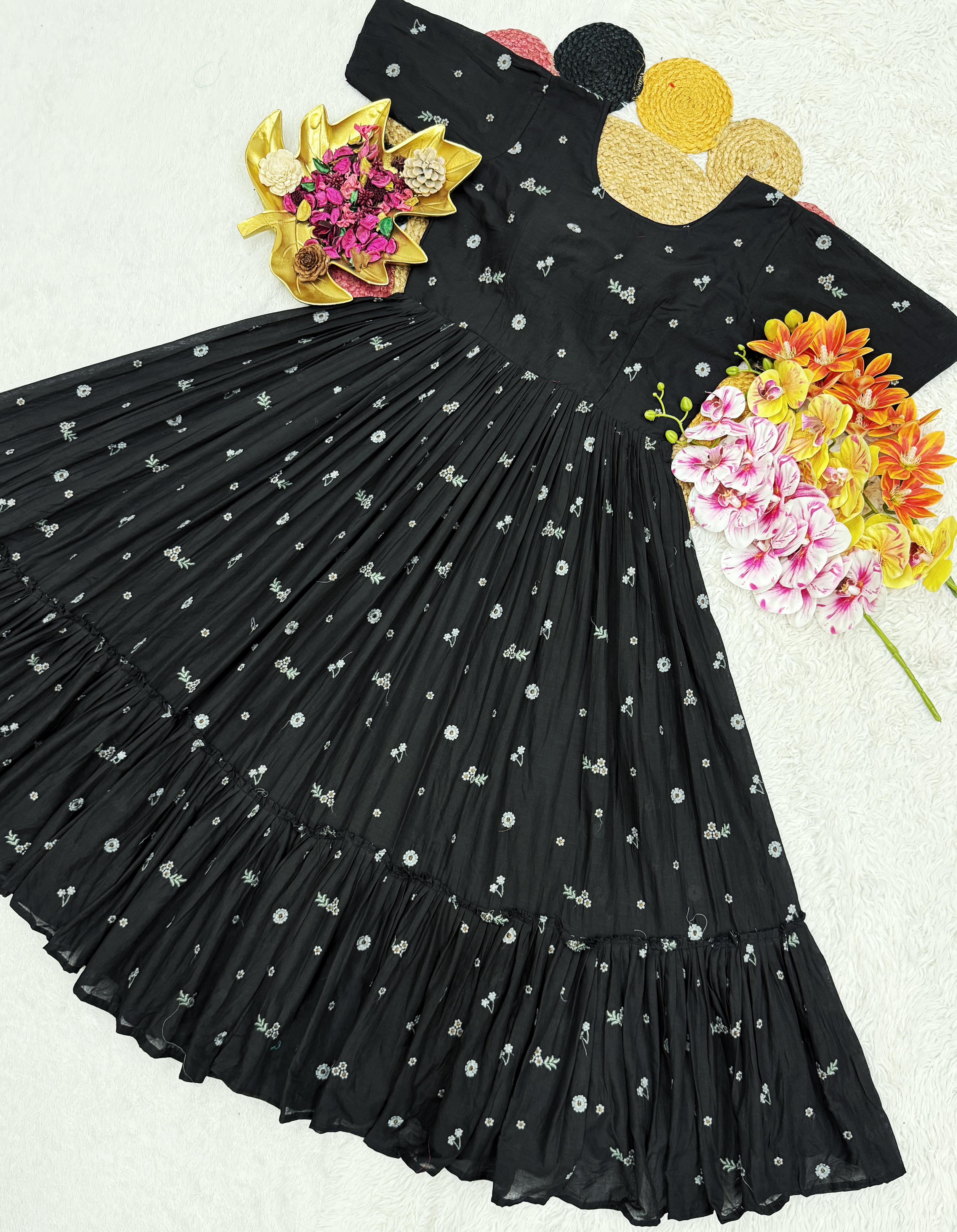 Special Mull Chanderi Gown With Floral Thread Weave