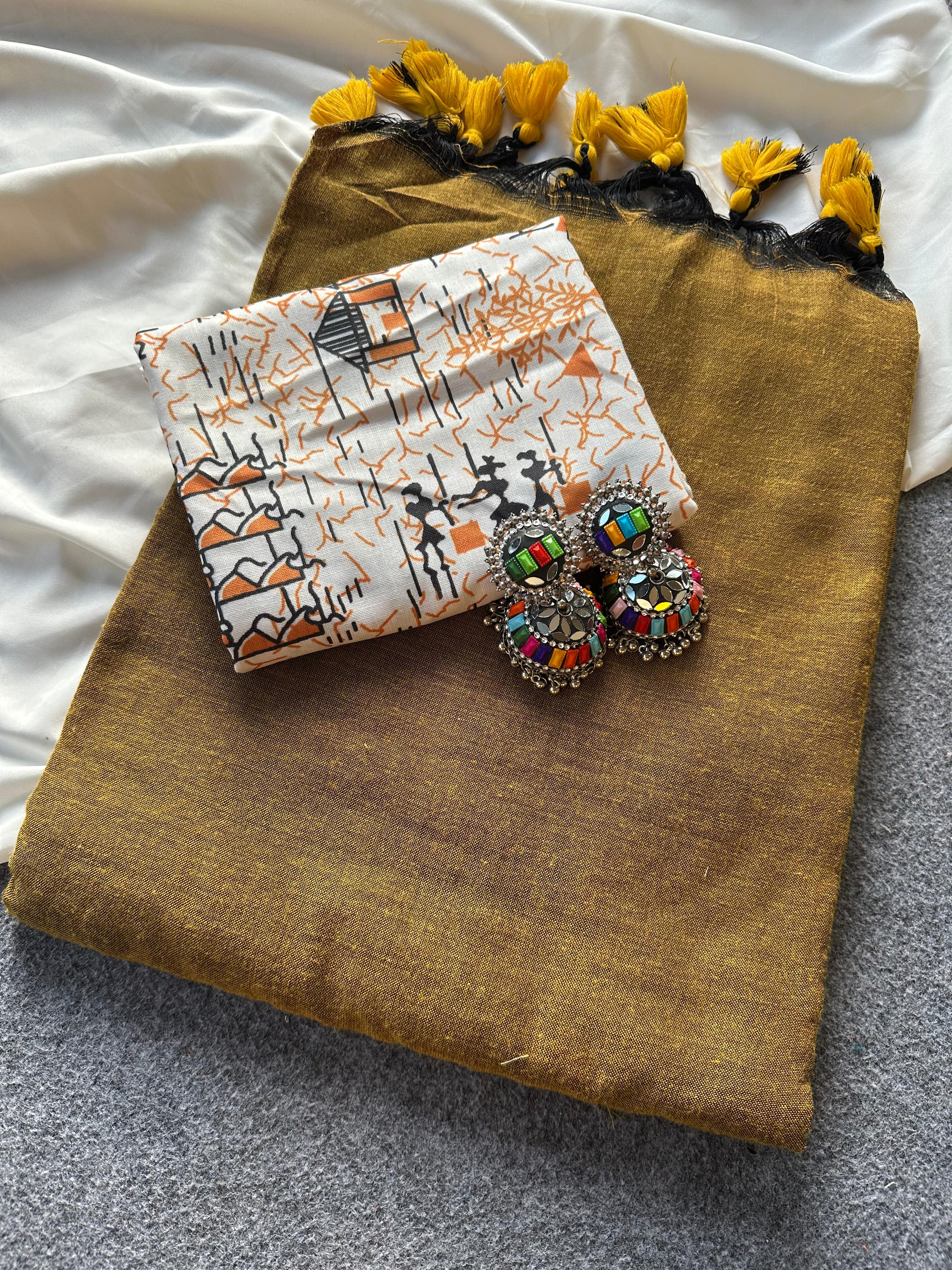 Soft Khadi Cotton Sarees with Print Blouse