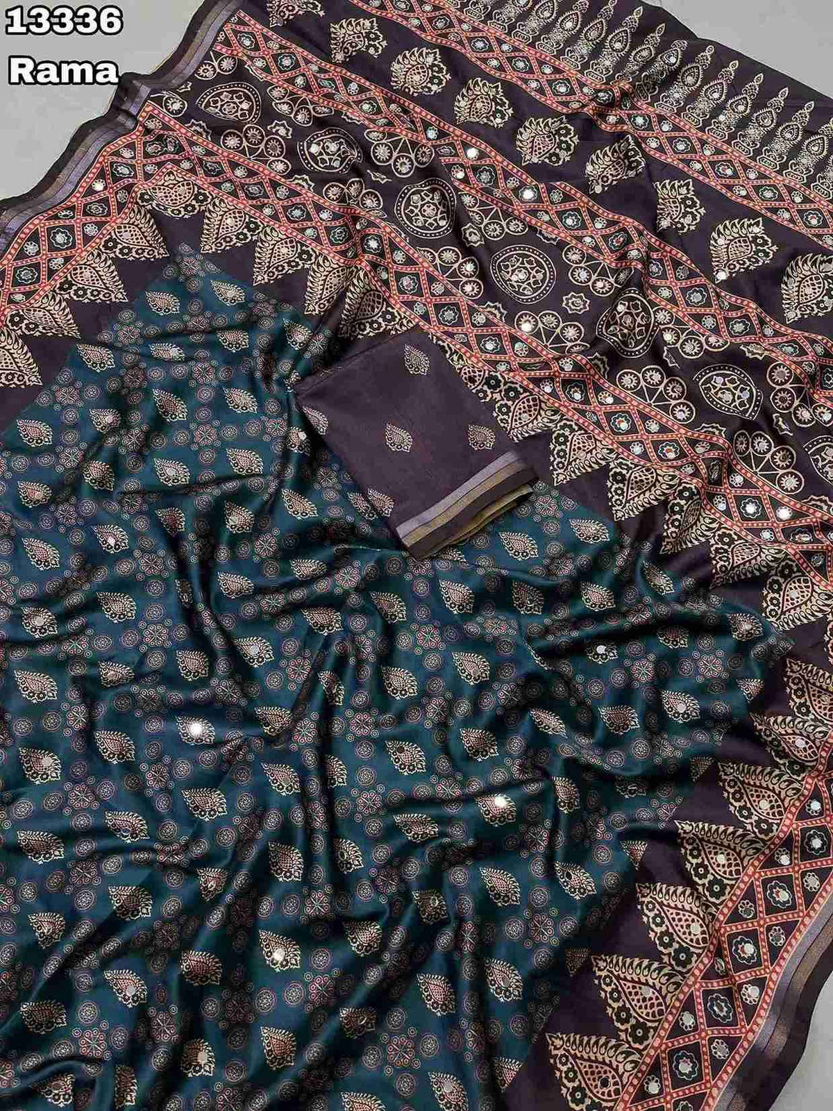 Soft & Smooth Silk Crape Ajrakh Design Digital Print With Original Mirror Work & Zari Weaving Borde