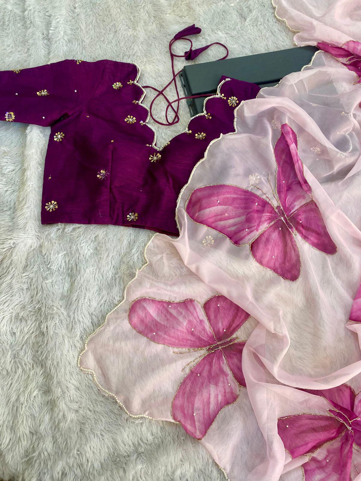 Saree with Readymade Blouse Soft Satin Organza with Flower Handprint in All Over Cutdana Work