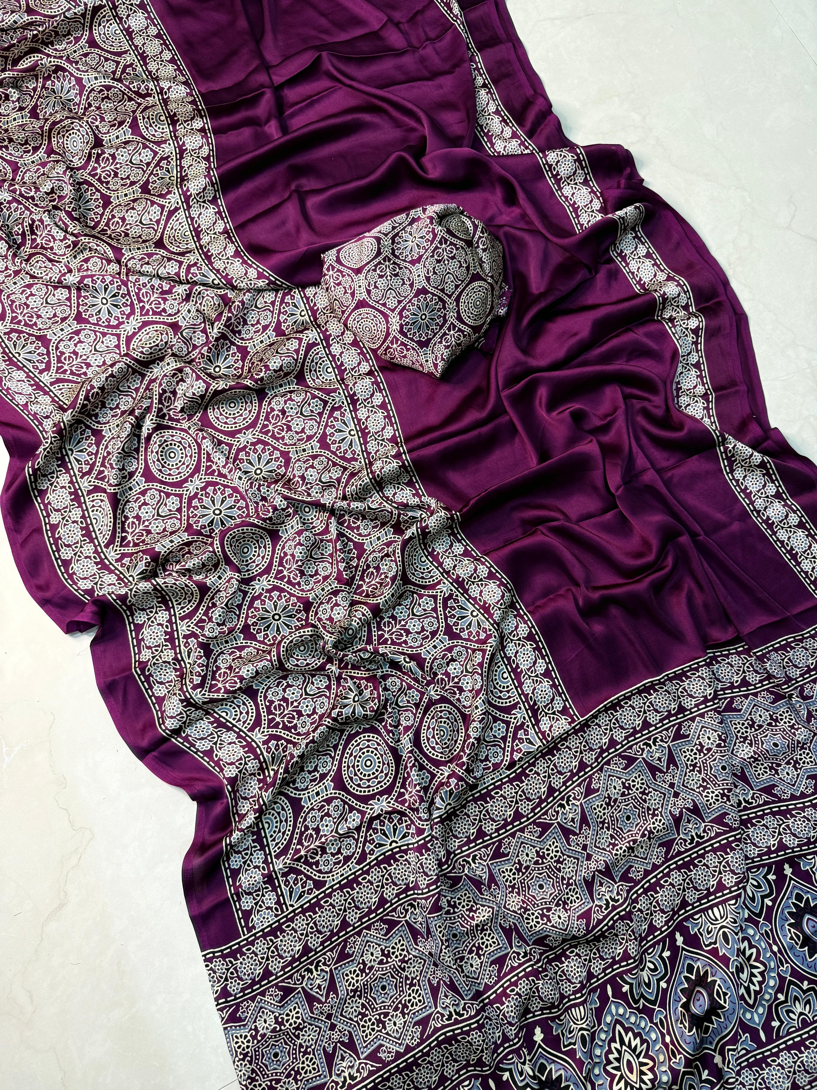 Ajrak satin Silk saree
