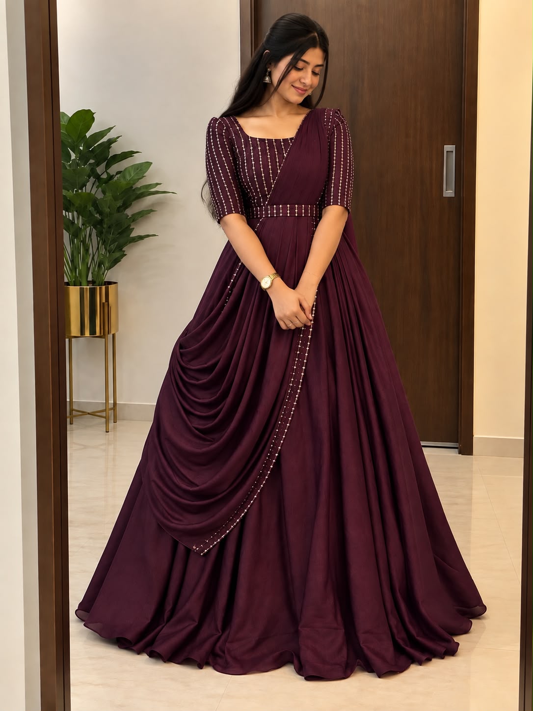 Premium Blooming Vichitra Silk Gown+Duppata with Sequence and Beads work