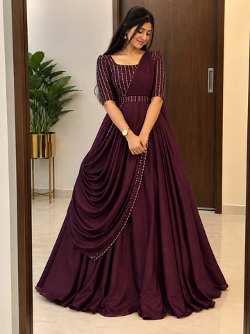 Premium Blooming Vichitra Silk Gown+Duppata with Sequence and Beads work