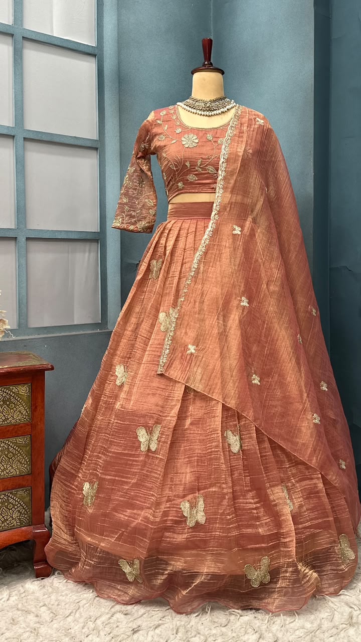 Premium Salsa Silk Fully Stitched Lehenga Set with Elegant Butterfly Maggam Embroidery