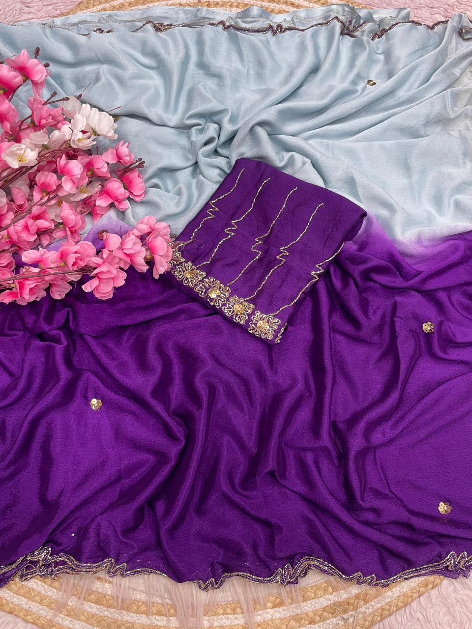 Designer Pure Dyeable Shaded Chinnon Saree with Cutdana Work
